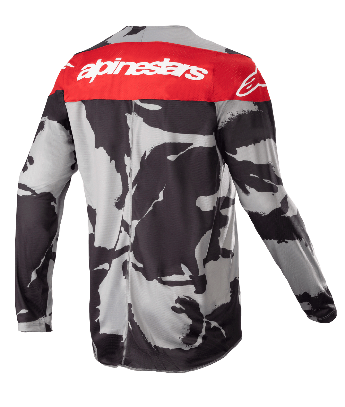 Alpinestars Youth 2023 Racer Tactical Jersey, Motocross Jersey, Cast Gray Camo and Mars Red, back view featuring a red shoulder panel with white Alpinestars branding, abstract black and gray camouflage pattern, lightweight moisture-wicking gear for off-road racing