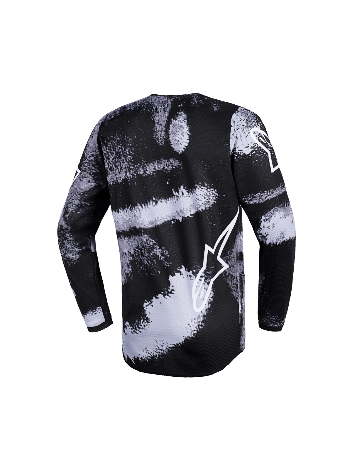 Alpinestars 2026 Youth Fluid Lahnd Trikot, Motocross-Trikot, schwarz-weißes Iron Camo Pinselstrich-Design, Rückansicht, lange Ärmel, weißer Alpinestars-Logo-Umriss, performance-orientierte Offroad-Ausrüstung