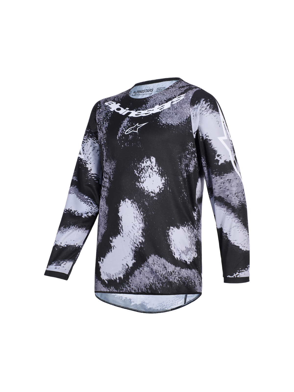 Alpinestars 2026 Racer Lahnd Trikot, Motocross-Trikot, Iron Camo, schwarz-graues Camouflage-Muster, weißer Alpinestars-Schriftzug und Logo auf der Brust, langärmelige Performance-Offroad-Bekleidung