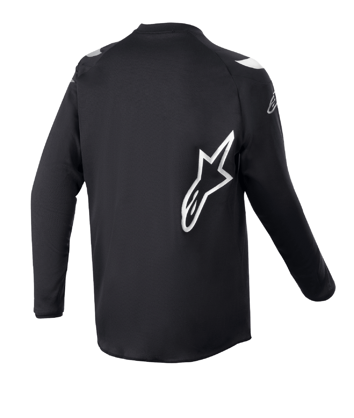 Alpinestars Jugend 2023 Racer Graphite Trikot, Motocross-Trikot, Schwarz Reflektierend, Rückansicht mit großem weißem Alpinestars Stern-Logo, technisches feuchtigkeitsableitendes Material, lange Ärmel, strapazierfähige Offroad-Bekleidung