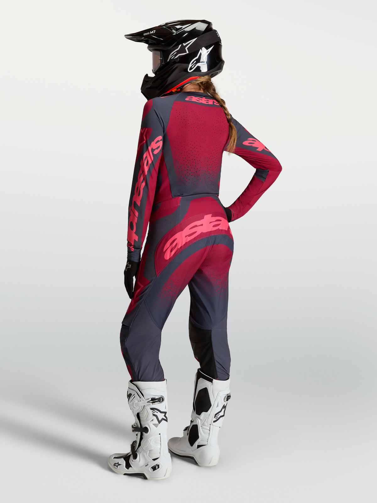 Alpinestars Stella Techstar Swan Motocross-Hose für Damen, Karmesinrot und Dunkelgrau, mit Stretch-Konstruktion.