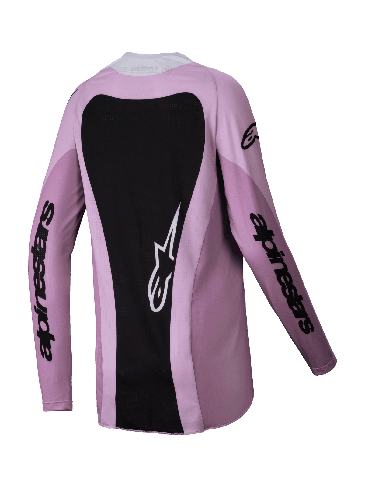 Alpinestars 2025 Stella Techstar Melt Trikot für Damen, Motocross-Trikot, Blush Black, Rückansicht mit einem großen schwarzen Rückeneinsatz mit weißem Astars-Logo, schwarzem Branding an den Ärmeln, leichte Poly-Gewebe-Konstruktion für Offroad-Rennsport