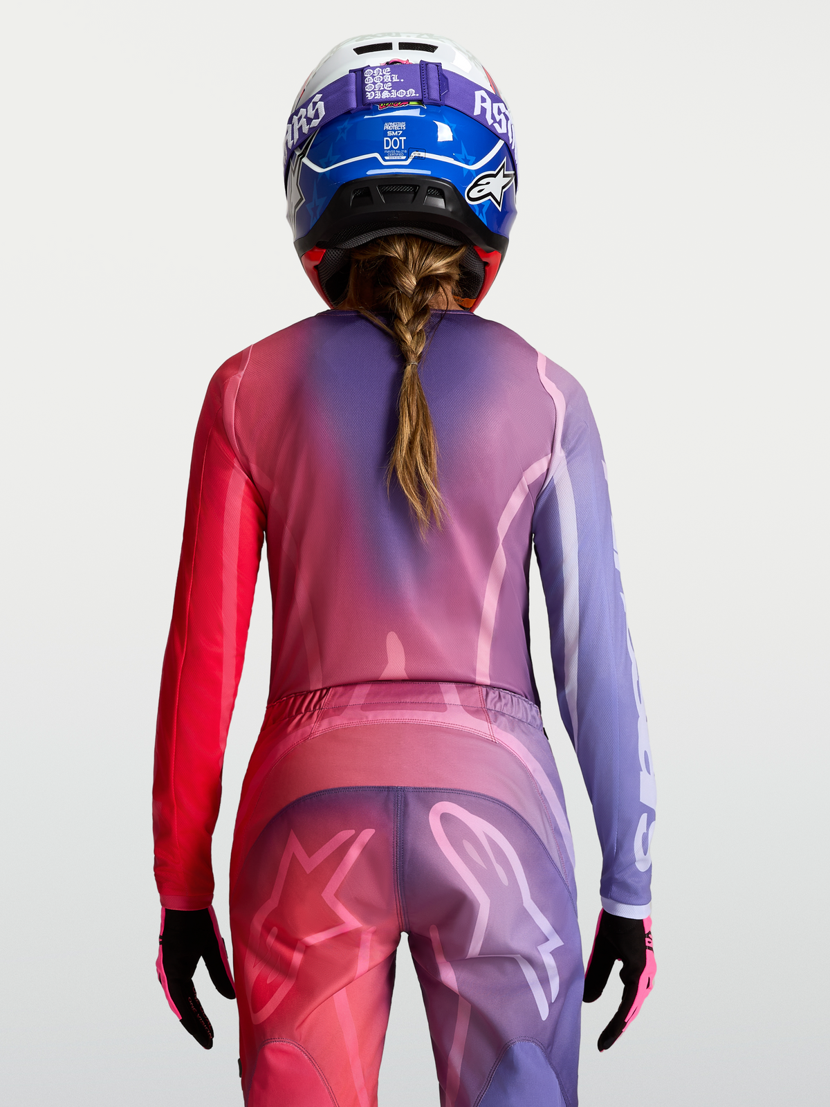 Alpinestars Stella Fluid Kepler Trikot, Damen-Motocross-Oberteil in Lila und Rot, feuchtigkeitsableitendes Gewebe, Rückansicht.