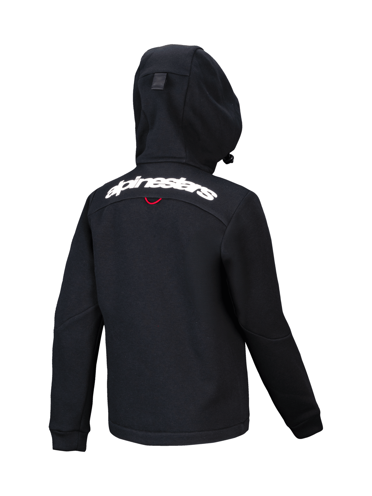 Alpinestars Youth Racer MX Fleece, schwarzer Motocross-Hoodie, Rückansicht mit weißem Alpinestars-Schriftzug über den Schultern, strukturiertes Fleece mit kompakter Kapuze, ergonomisches Design für Offroad-Fahrten