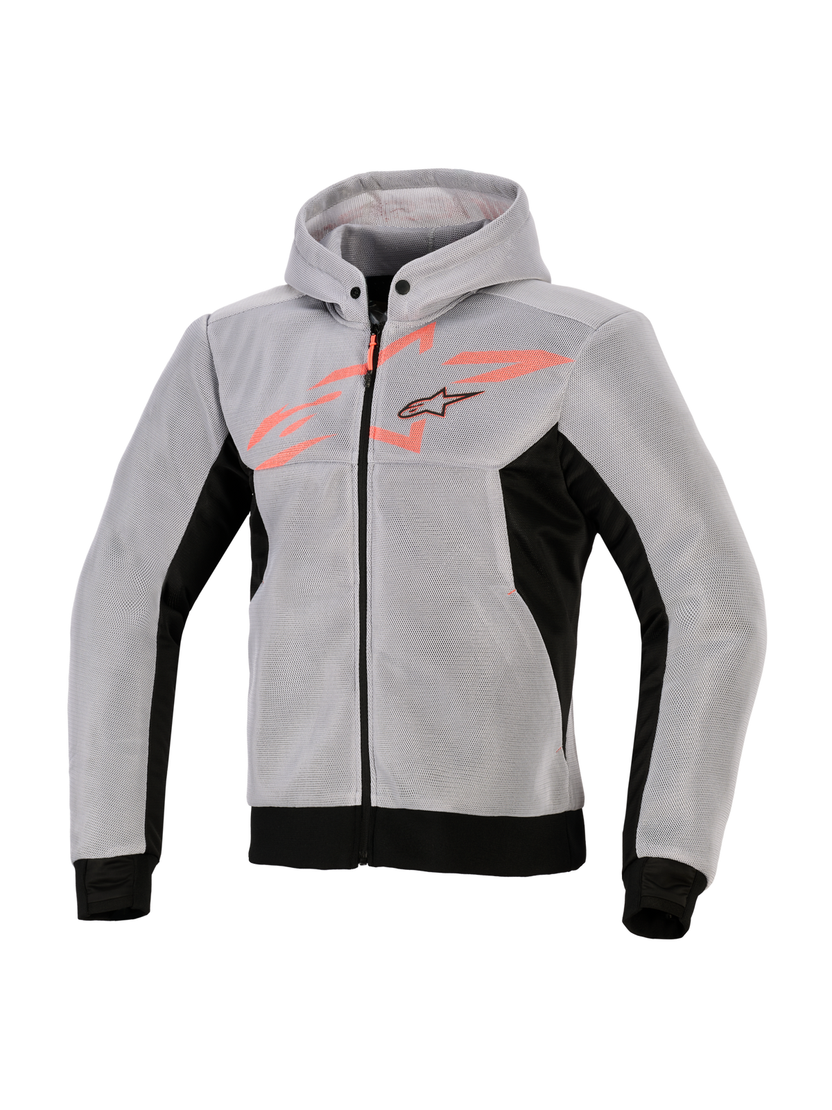 Alpinestars Chrome Superairflow Hoodie, Technical Riding Hoodie, Black Mid Gray and Red Fluo, 3D technical mesh construction, light gray with black side panels and hem, fluo red chest graphic with Alpinestars star logo, sporty motorcycle gear