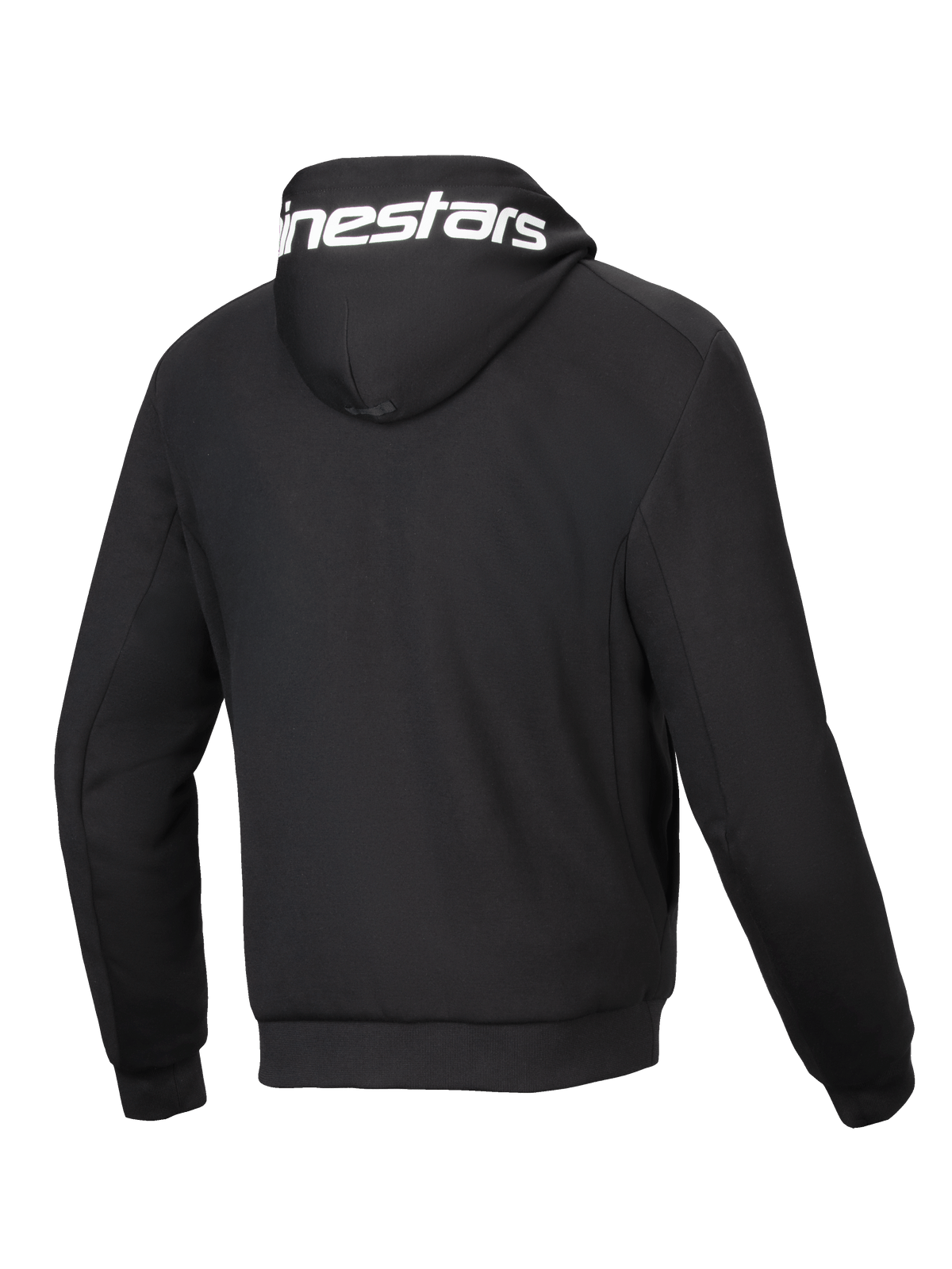 Alpinestars Chrome V2 Sport Kapuzenjacke, Rückansicht, Schwarz, weißes Logo auf der Kapuze, urbane Motorradjacke aus Tech-Fleece.