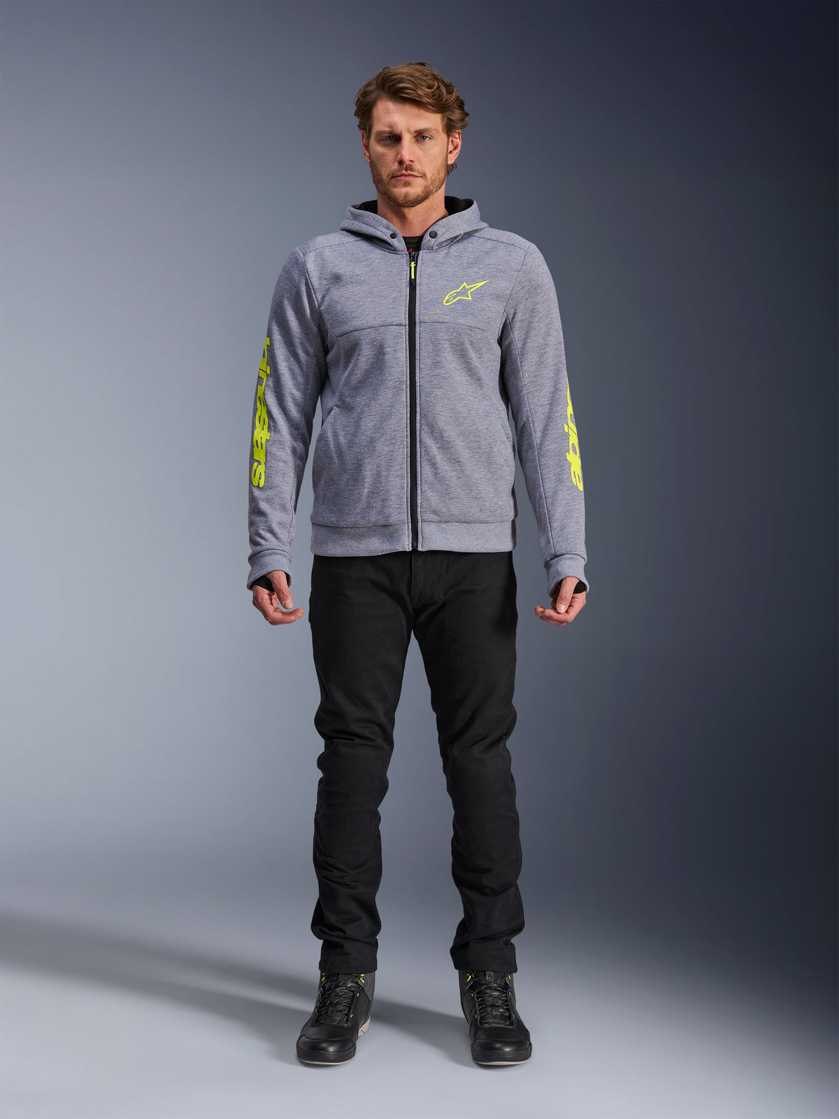 Alpinestars Chrome V2 Sport Hoodie, men's urban motorcycle jacket in Gray and Fluo Yellow technical fleece.