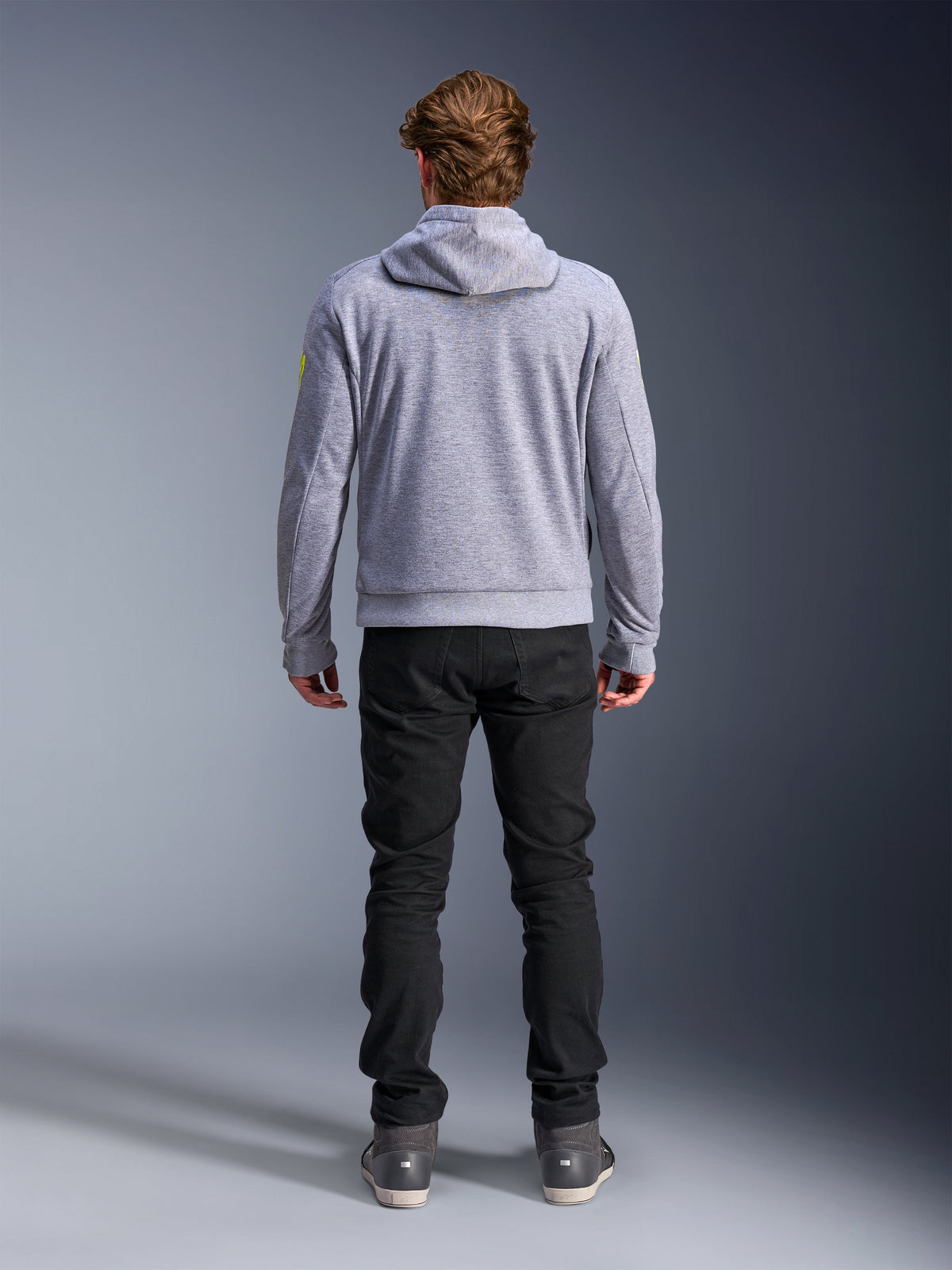 Alpinestars Chrome V2 Sport Hoodie, Men's Urban Motorcycle Riding Gear in Gray Heather and Fluo Yellow, back view.