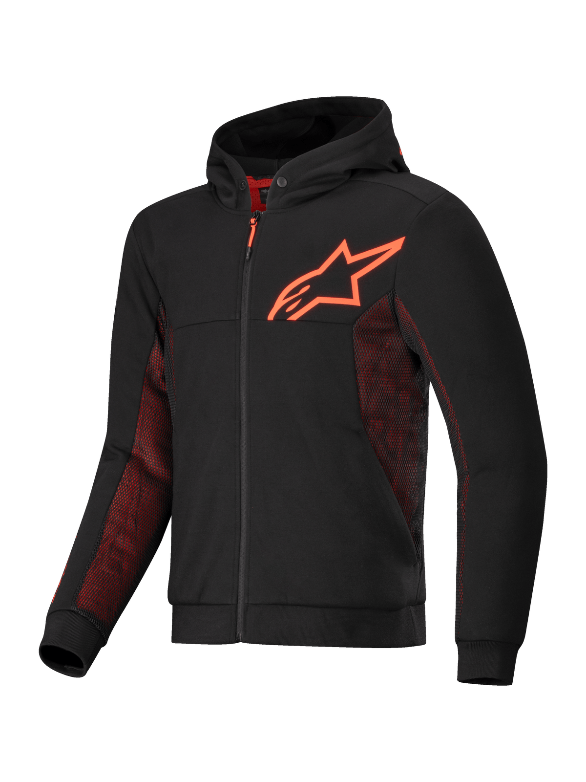 Alpinestars Chrome Air Sport Kapuzenjacke, CE-zertifizierte Motorradjacke für das urbane Fahren, Schwarz und Rot, mit Tech-Fleece-Konstruktion, Airflow-Mesh-Paneelen und Aramidfaser-Verstärkungen