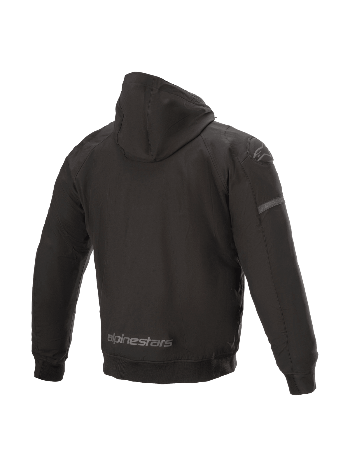 Alpinestars Sektor Tech V2 Kapuzenjacke, schwarze Urban-Motorradjacke mit windresistenter Außenschale und 3D-Schultereinsätzen, Rückansicht.