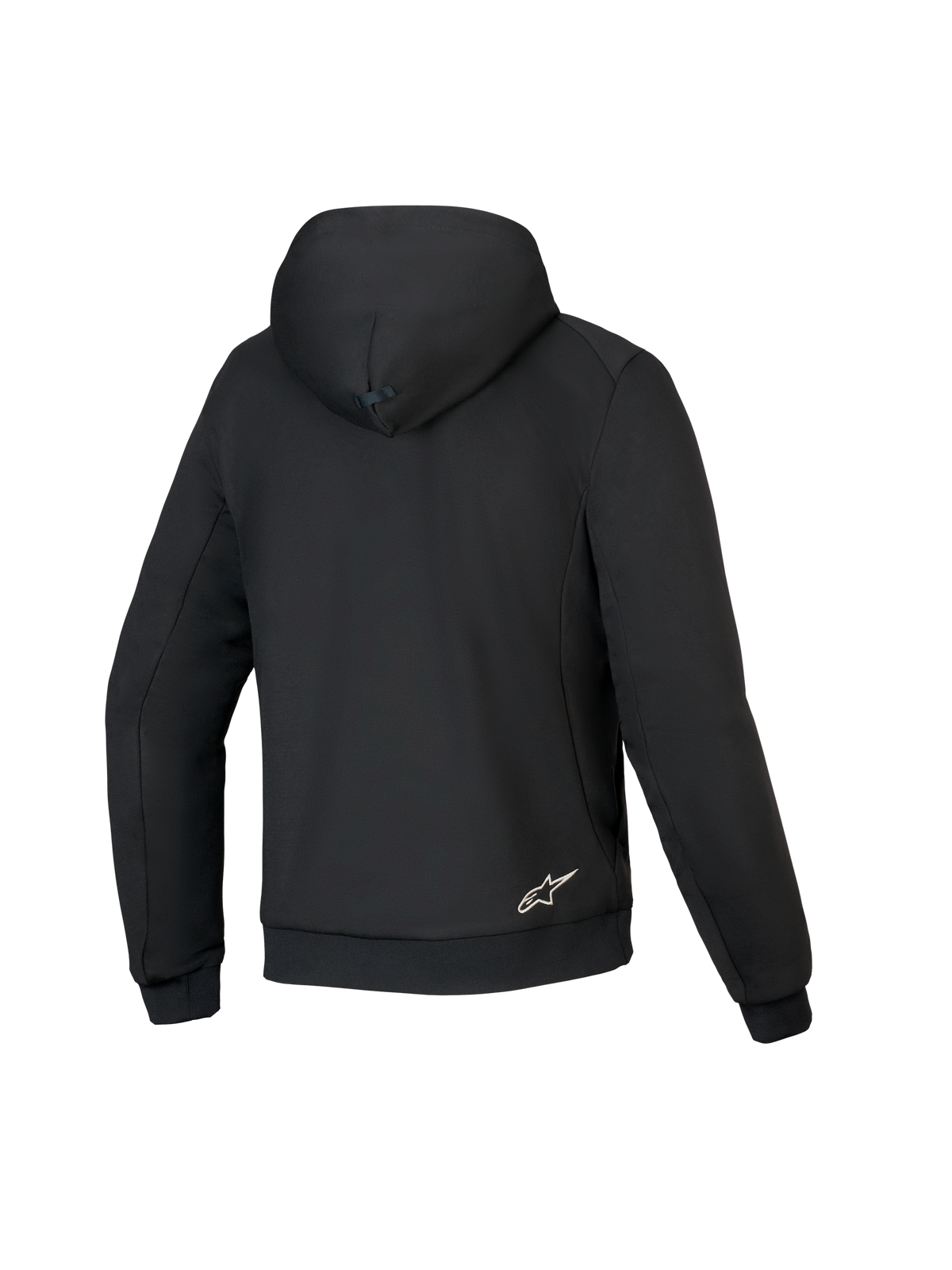 Alpinestars Honda Chrome V3 Sport Hoodie, Schwarz, Rückansicht des Motorrad-Hoodies, Tech-Fleece-Konstruktion, Kapuze mit Druckknopfverbindung, gerippte Bündchen und Saum, kleines weißes Alpinestars-Logo am unteren Rücken