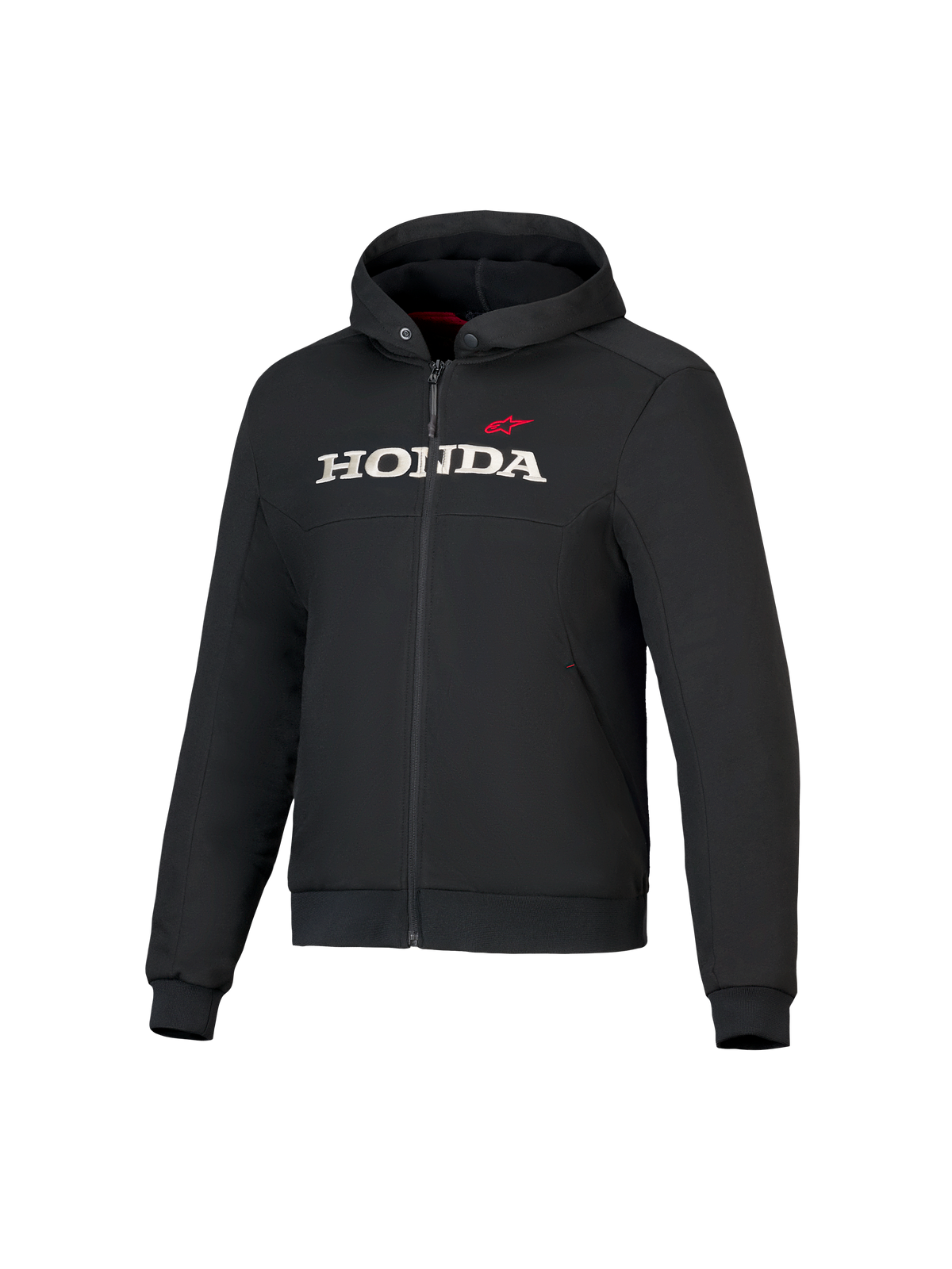 Alpinestars Honda Chrome V3 Sport Hoodie, schwarze Kapuzenjacke mit Front-Reißverschluss, weißes HONDA-Logo und roter Alpinestars-Stern auf der Brust, lange Ärmel mit Rippbündchen, rotes Kapuzenfutter, urbane Motorradbekleidung