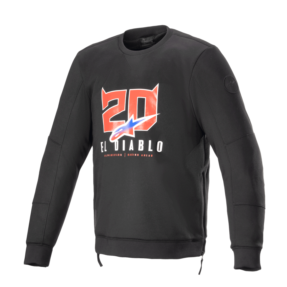 Alpinestars FQ20 Legit Crew Fleece, schwarzes Langarm-Motorrad-Sweatshirt, rote Teufelsnummer '20' und 'El Diablo' Grafik auf der Brust, blau-rotes Logo mit Farbverlauf, seitliche Reißverschlüsse und Rippstrickbündchen, urbane Casual-Fahrausrüstung