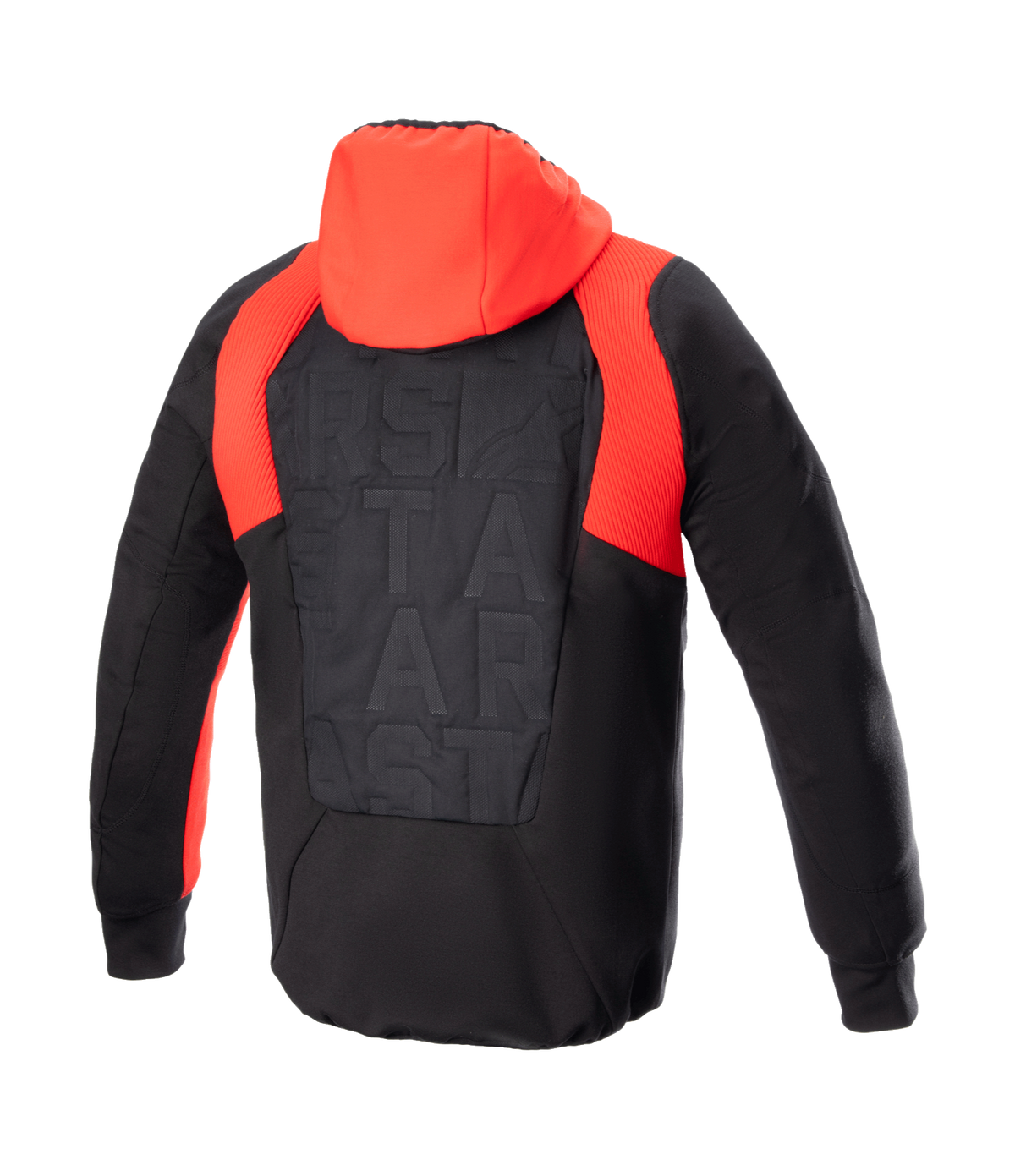 Alpinestars MO.ST.EQ Hybrid Kapuzenjacke, Rückansicht, Schwarz und Flame Red, mit leuchtend roter Kapuze und gerippten Schulterakzenten, nahtlosem gepolstertem Rückenpaneel mit tonalem Branding, urbaner schützender Motorrad-Hoodie
