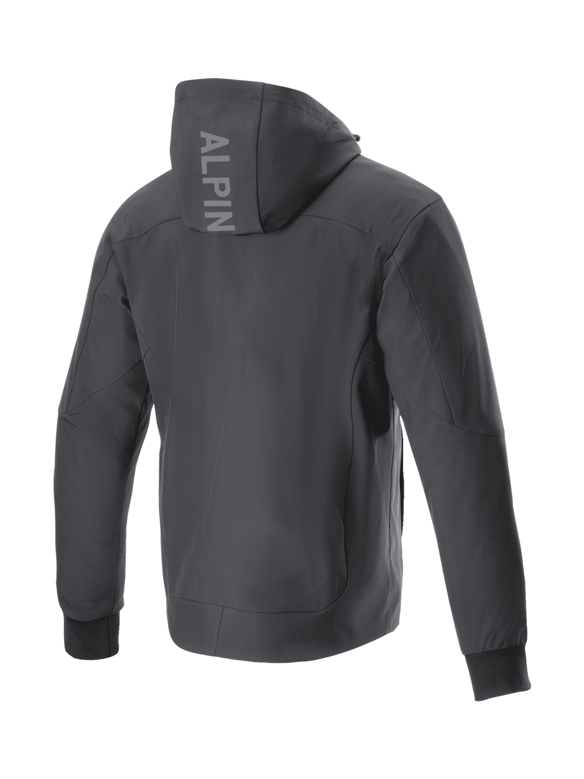 Alpinestars Radium Tech Hoodie, black windproof 3L Tech shell urban motorcycle jacket, Men's back view with hood branding.