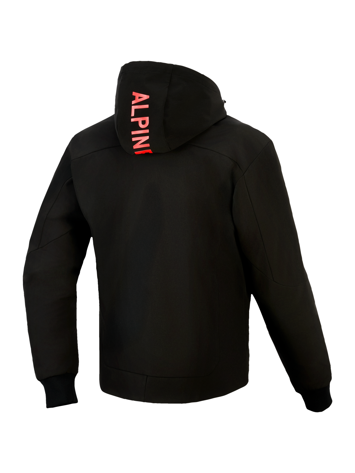 Alpinestars Radium Tech Hoodie, back view, Black with Bright Red, featuring vertical Alpinestars branding on the hood, 3-layer windproof technical shell, ribbed stretch cuffs, and a streamlined urban athletic fit.