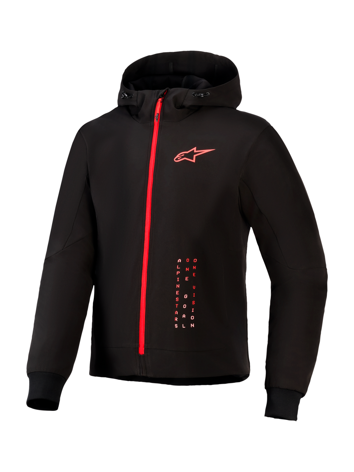 Alpinestars Radium Tech Hoodie, urban motorcycle riding jacket, Black and Bright Red, featuring a full-length red zipper, red Alpinestars logo on chest, drawstring hood, and ribbed cuffs on a technical windproof shell.