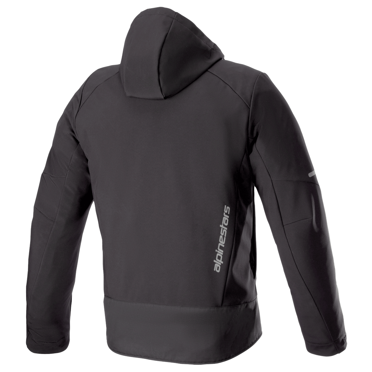 Alpinestars Neo Waterproof Hoodie, technical urban motorcycle jacket, Black, rear view showing detachable hood, vertical silver Alpinestars branding on the lower back, and reflective accents on the sleeves.