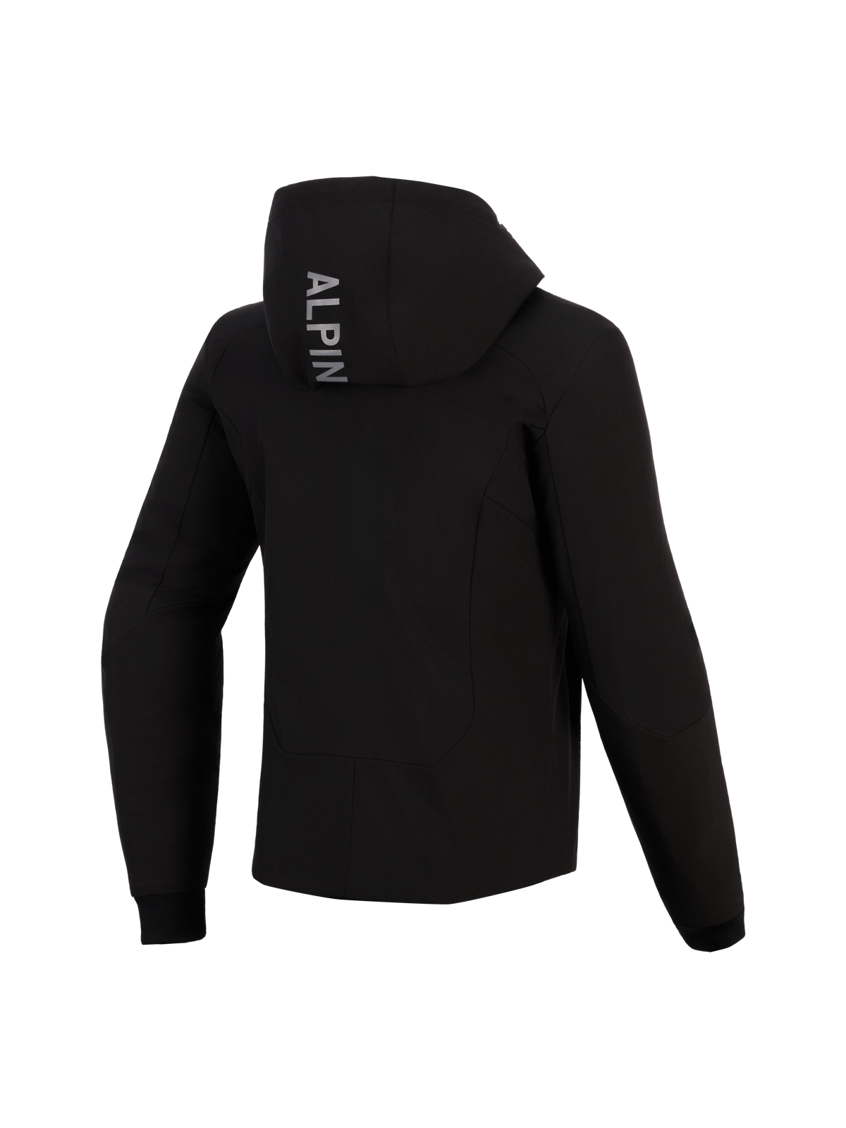 Alpinestars Stella Radium Tech Damen-Hoodie, Rückansicht, schwarzer technischer Motorrad-Hoodie, mit vertikalem 'ALPIN'-Schriftzug auf der Kapuze, gerippte Stretch-Bündchen, schützende urbane Fahrausrüstung für Damen