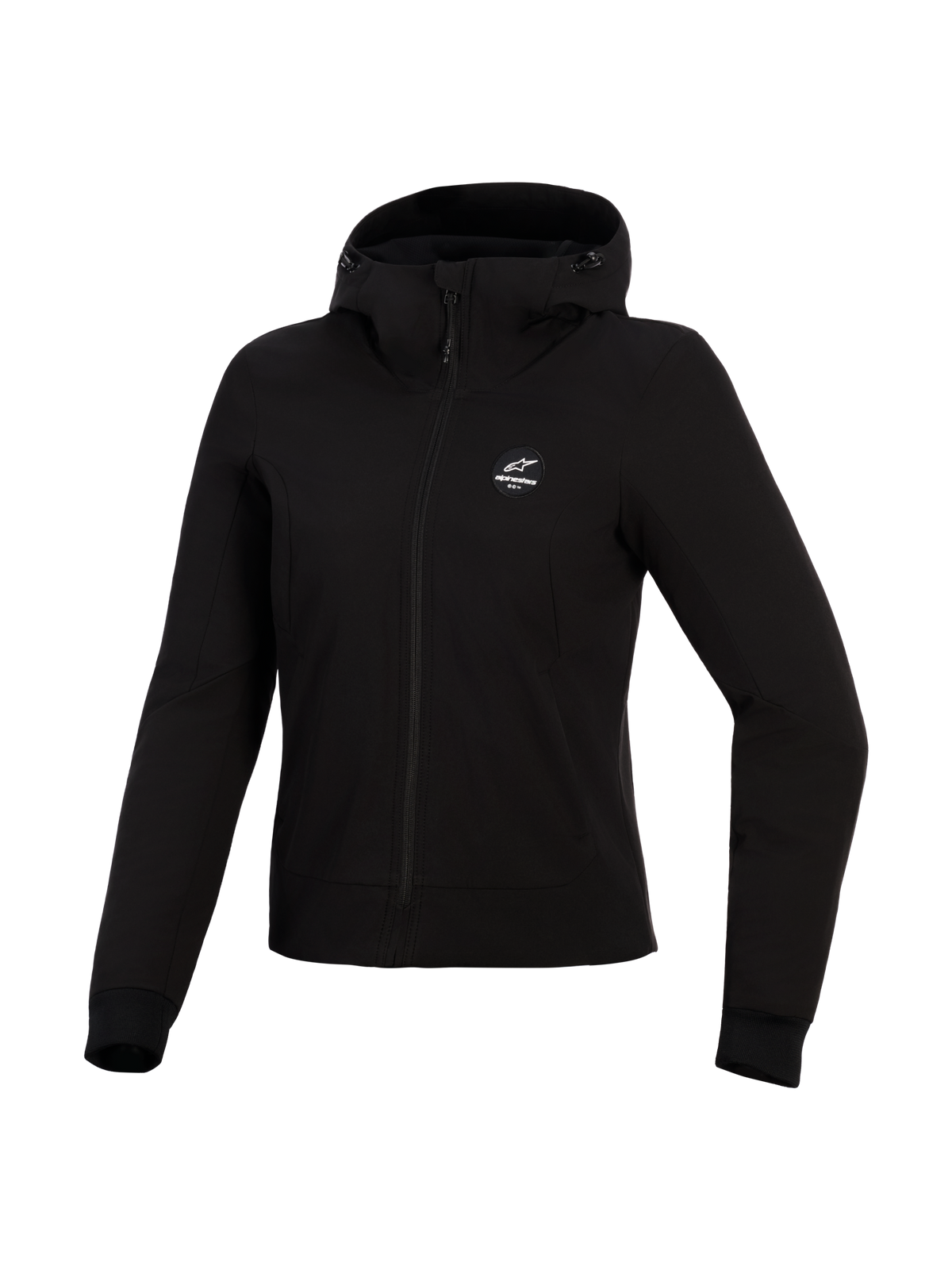 Alpinestars Stella Radium Tech Hoodie, Damen-Motorrad-Hoodie, Schwarz, 3-lagiges winddichtes Tech-Shell, Vorderansicht, Kapuze mit Kordelzug und gerippten Bündchen, urbane Motorrad-Schutzkleidung