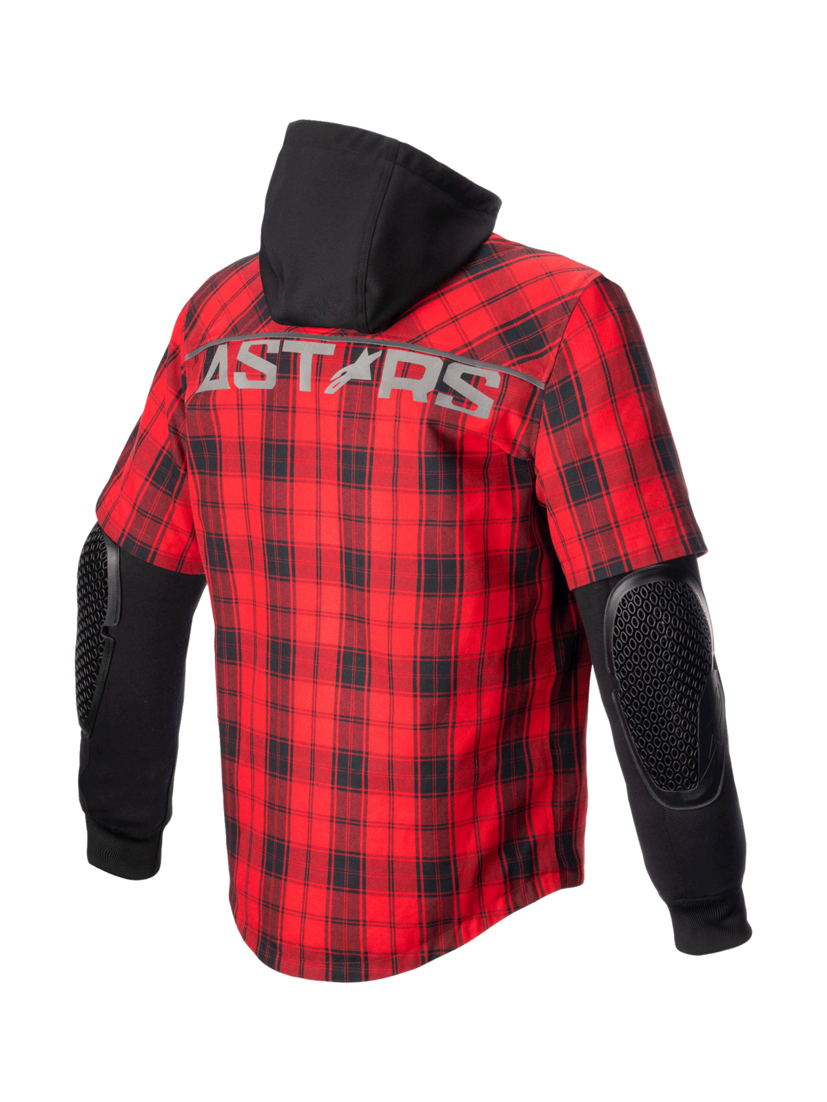 Alpinestars MO.ST.EQ Tartan Hemd, urbane Motorradjacke für Herren, Rot und Schwarz mit Karomuster, Rückansicht mit ASTARS-Schriftzug, Kapuze und sichtbaren Nucleon Flex Plus Ellbogenprotektoren.