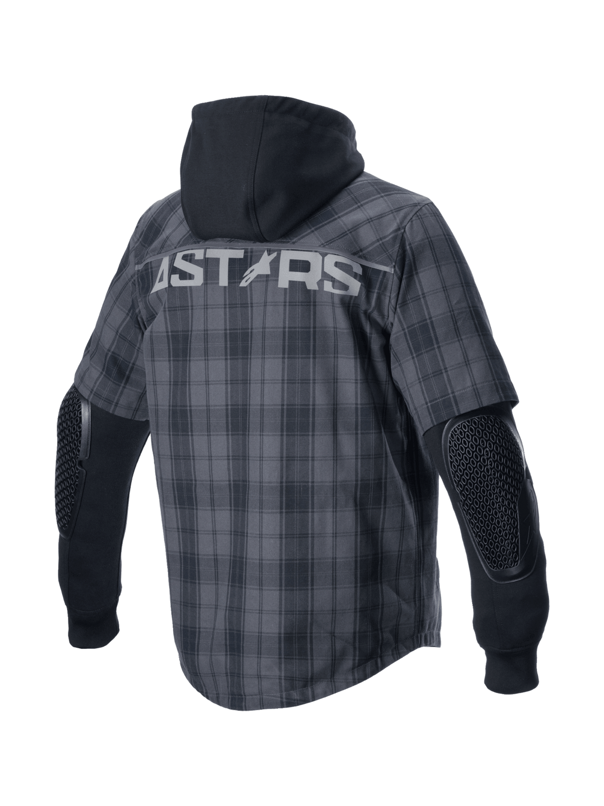 Alpinestars MO.ST.EQ Tartan Hemd, Urban-Motorrad-Hemdjacke in Grau und Schwarz, kariert mit Kapuze und Nucleon Flex Plus Ellbogenprotektoren.