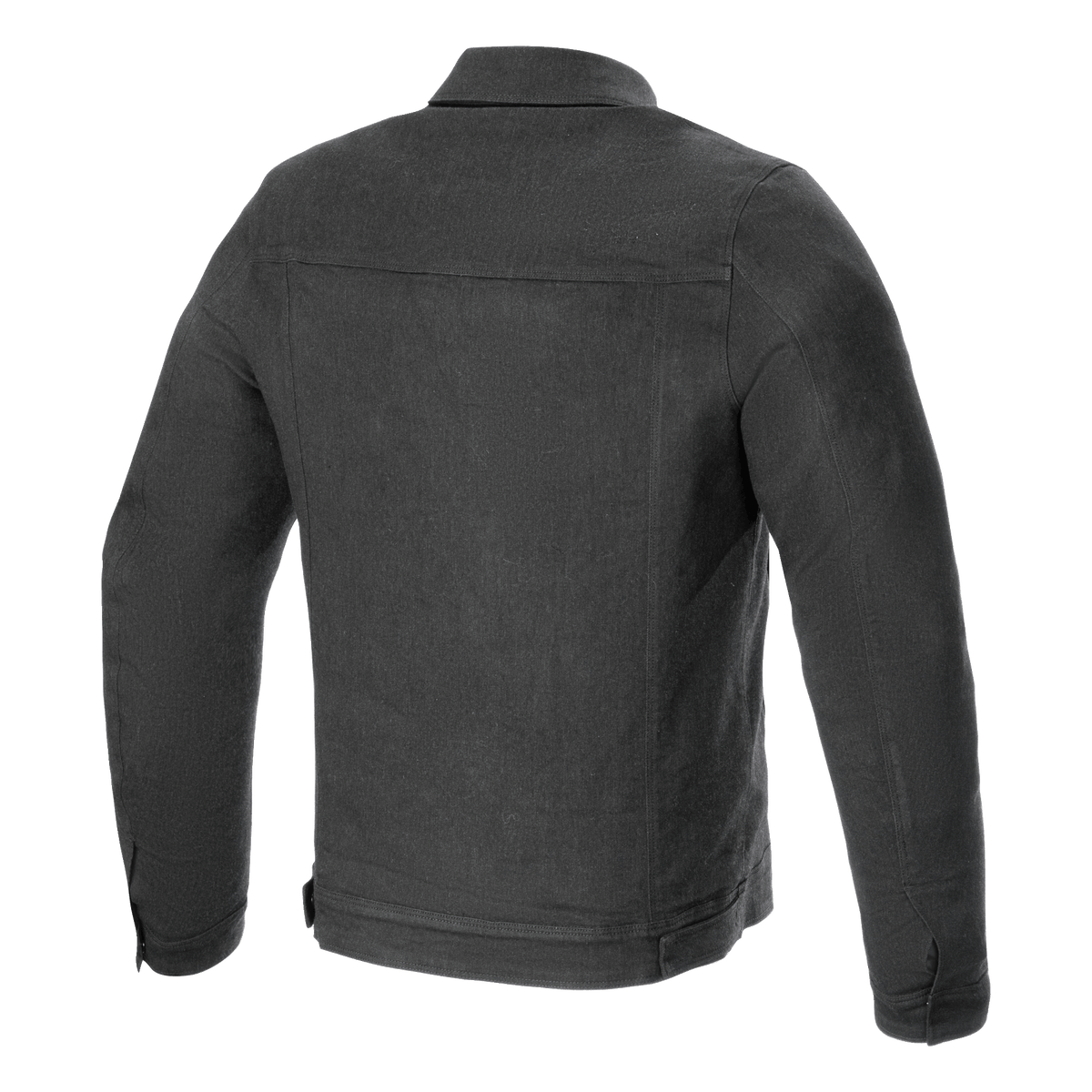 Alpinestars Garage Jacke, Rückansicht, Smoke Gray, urbane Denim-Motorradjacke mit horizontaler Rückenpasse und vertikalen Nahtdetails, Workwear-inspirierter Stil für das Fahren auf der Straße.