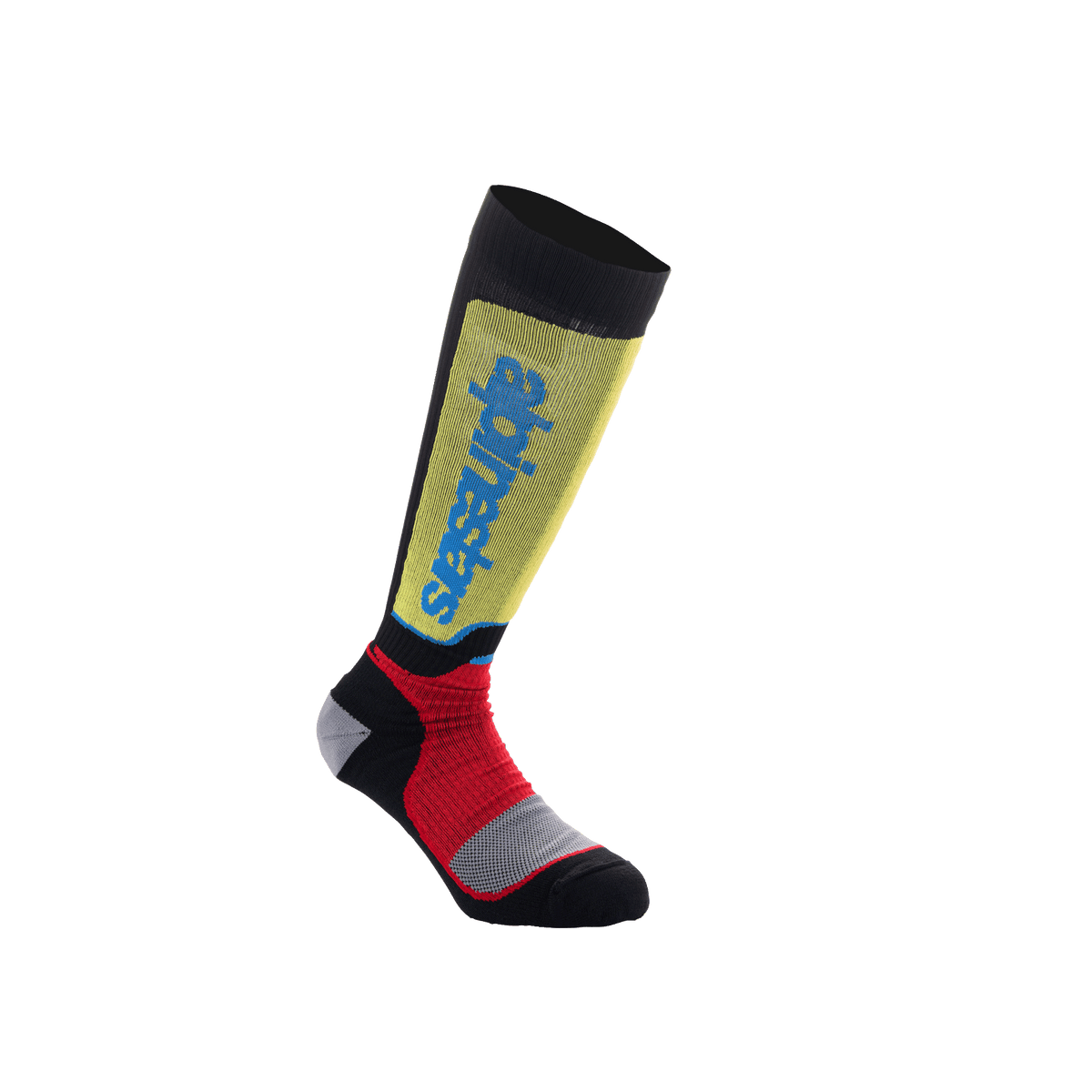 Alpinestars Youth MX Plus Socken, Motocross-Socken, Schwarz mit gelben, roten und hellblauen Akzenten, knielang, mit Rippenkonstruktion und vertikalem Alpinestars-Branding am Schienbein