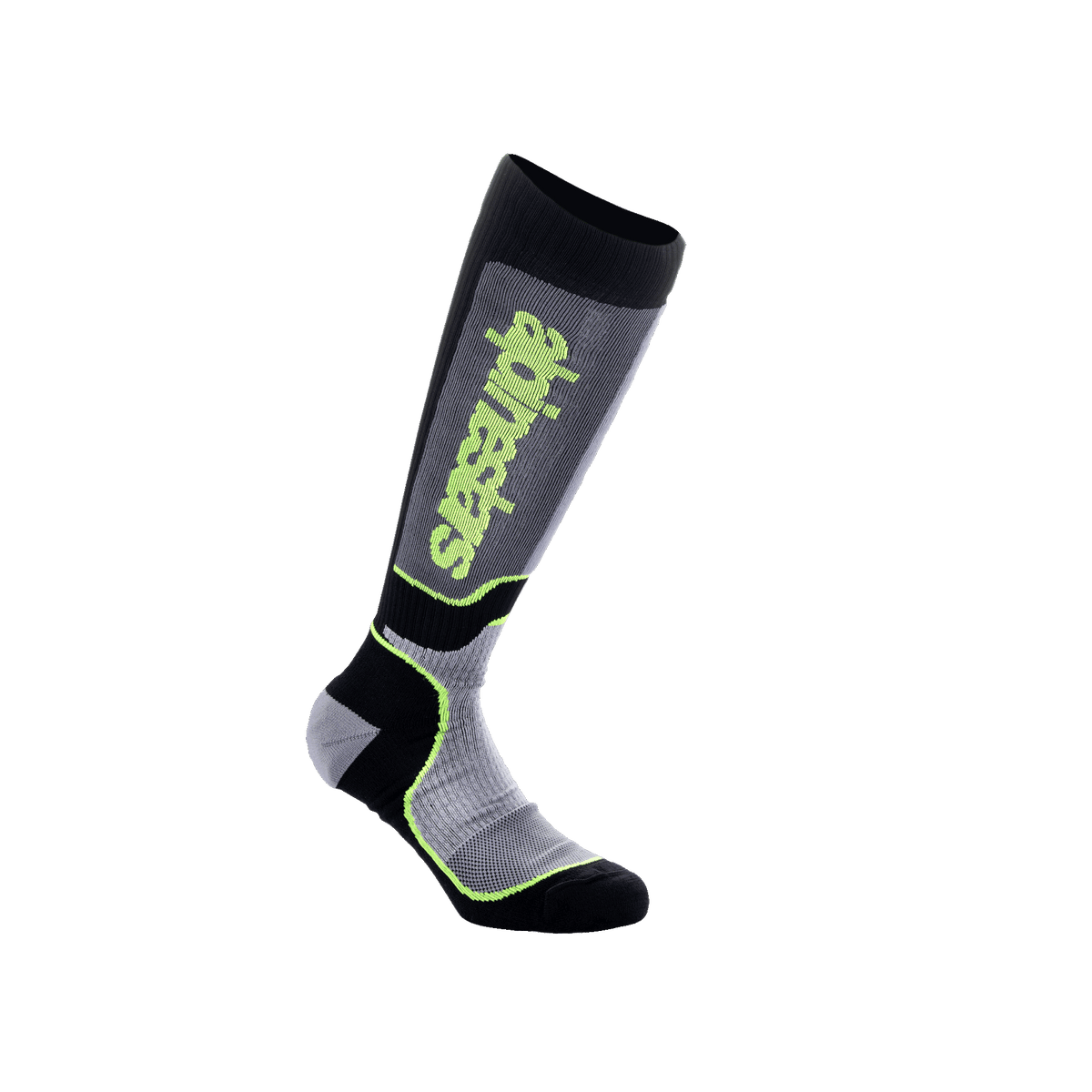 Alpinestars Youth MX Plus Socken, Motocross-Socken für Jugendliche, Schwarz, Grau und Gelb Fluo, kniehohes Performance-Design mit Rippenkonstruktion und Alpinestars-Logo, für Offroad-Motorradrennen