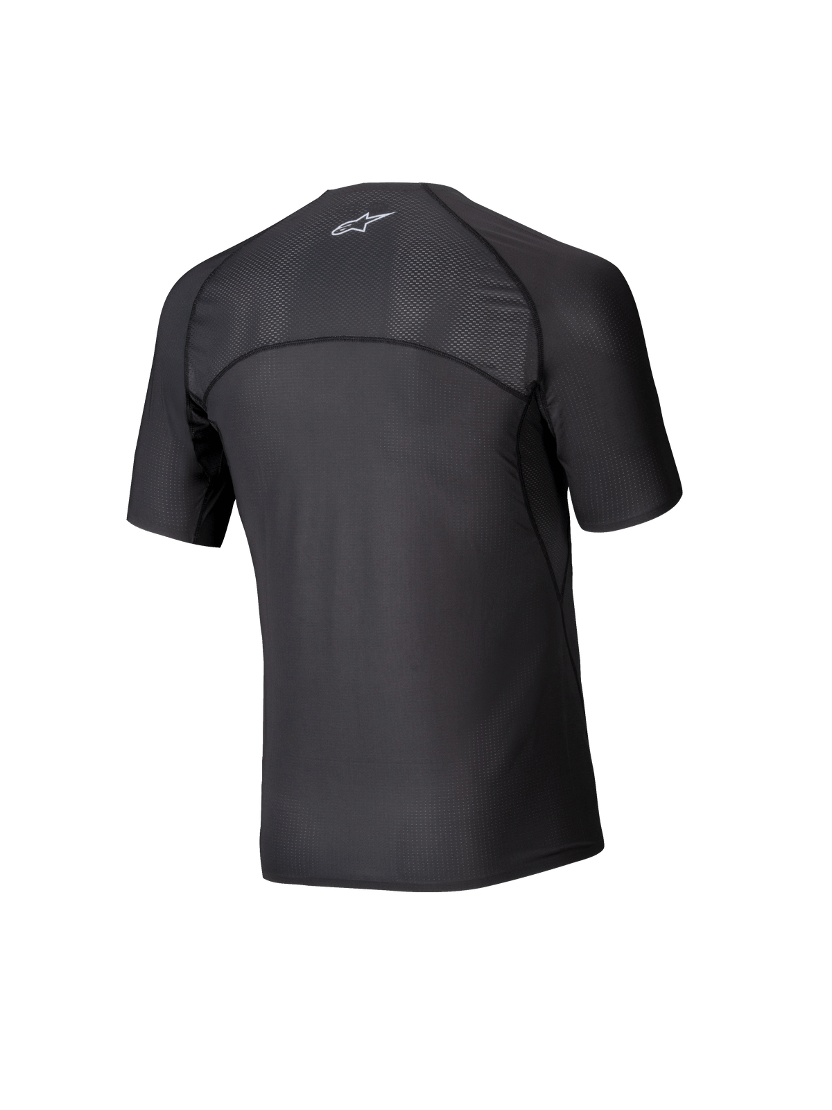 Alpinestars Tech KX Sim Top, Kurzarm-Karting-Baselayer, Schwarz, Rückansicht mit atmungsaktiven Mesh-Einsätzen an den Schultern und am oberen Rücken, ergonomische Nahtkonstruktion, feuchtigkeitsableitendes Funktionsgewebe