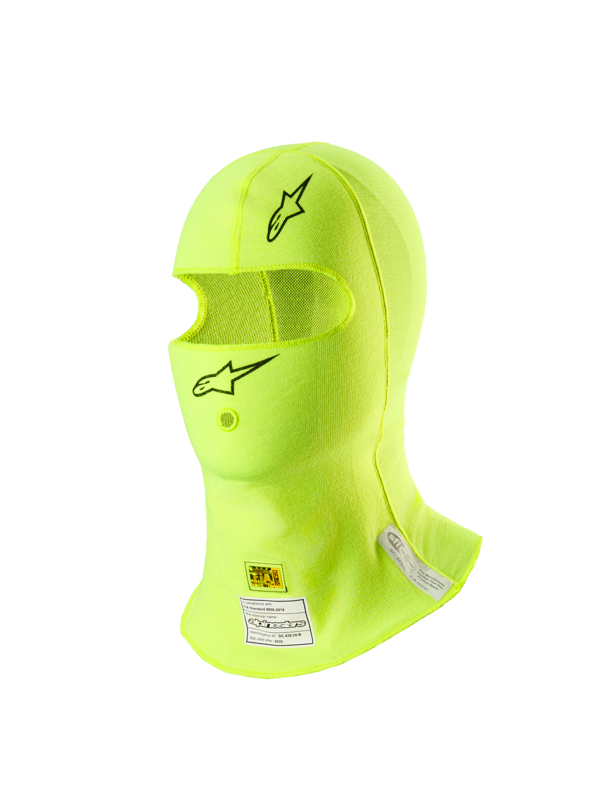 Alpinestars ZX Evo V3 Sturmhaube, Auto-Rennsport-Kopfbedeckung, Gelb Fluo, mit schwarzen Stern-Logos auf der Stirn und am Kinn, FIA- und SFI-Zertifizierungsetiketten am Hals, leichtes flammhemmendes Material mit einer Öffnung für den Trinkschlauch