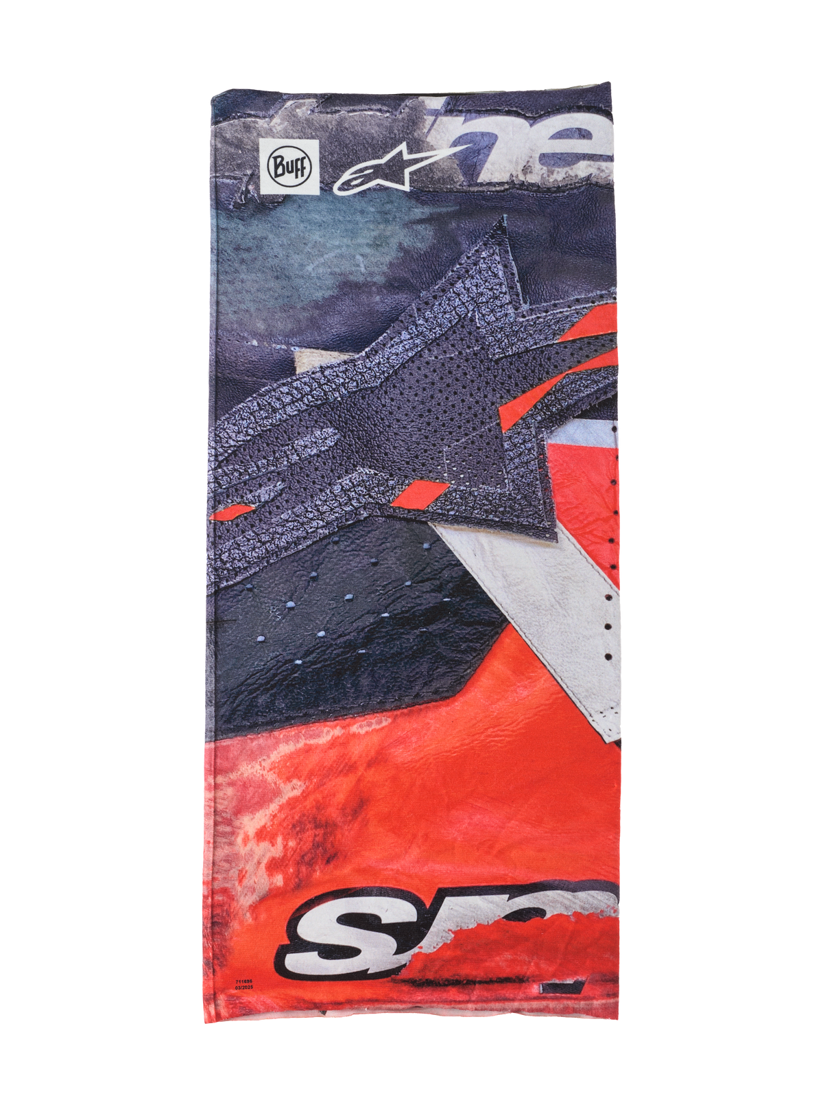 Alpinestars Buff Ignite Neck Tube, multi-functional neckwear, black and bright red with white details, featuring large star graphic, Alpinestars and Buff logos, sporty design for motorcycle riding