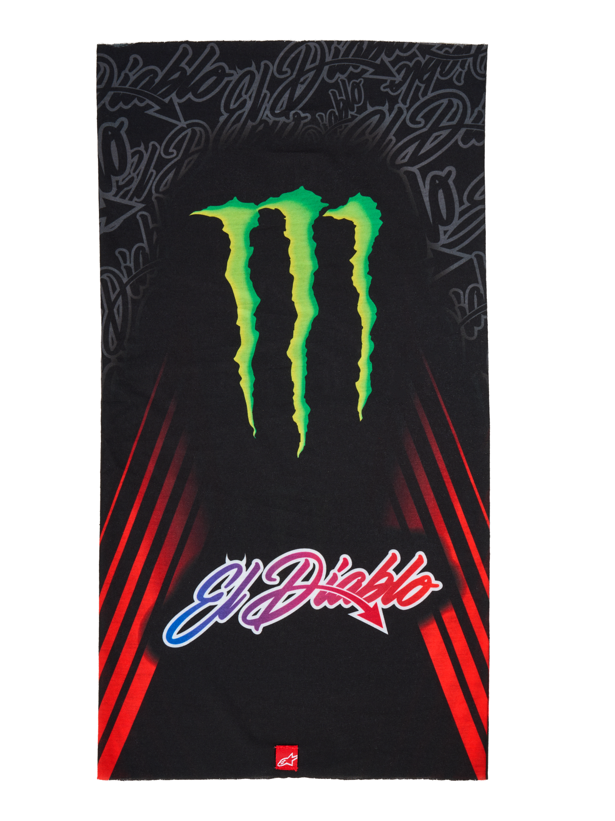 Alpinestars FQ20 Neck Tube Monster, Motorrad-Nackenschlauch, Schwarz mit großem grünen Monster Energy Krallen-Logo und „El Diablo“-Schriftzug mit Farbverlauf, roten diagonalen Rennstreifen an den Seiten, leichtes Textil-Accessoire für Fahrten im Frühling und Sommer