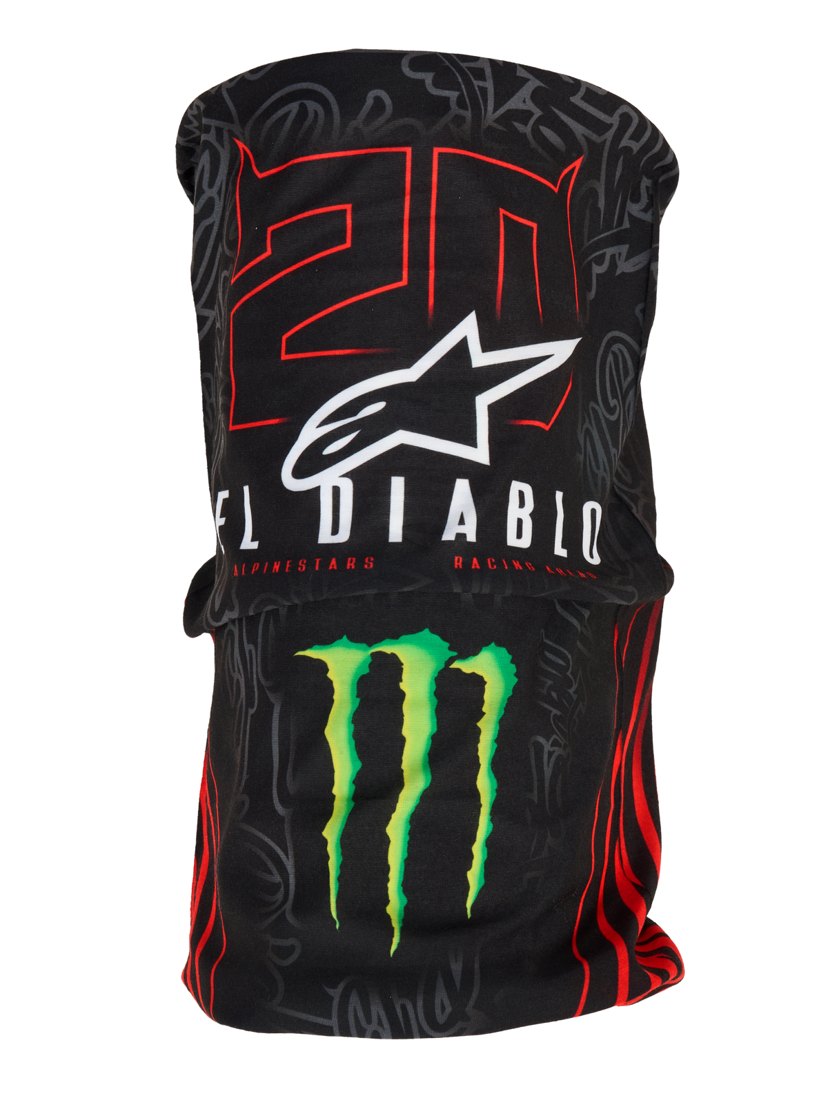 Alpinestars FQ20 Neck Tube Monster, leichter Motorrad-Nackenschlauch, Schwarz mit roter „20“ und weißer „El Diablo“-Grafik, weißes Alpinestars-Logo und grüne Monster Energy-Kralle, vom Rennsport inspiriertes Accessoire mit seidiger Textiltextur