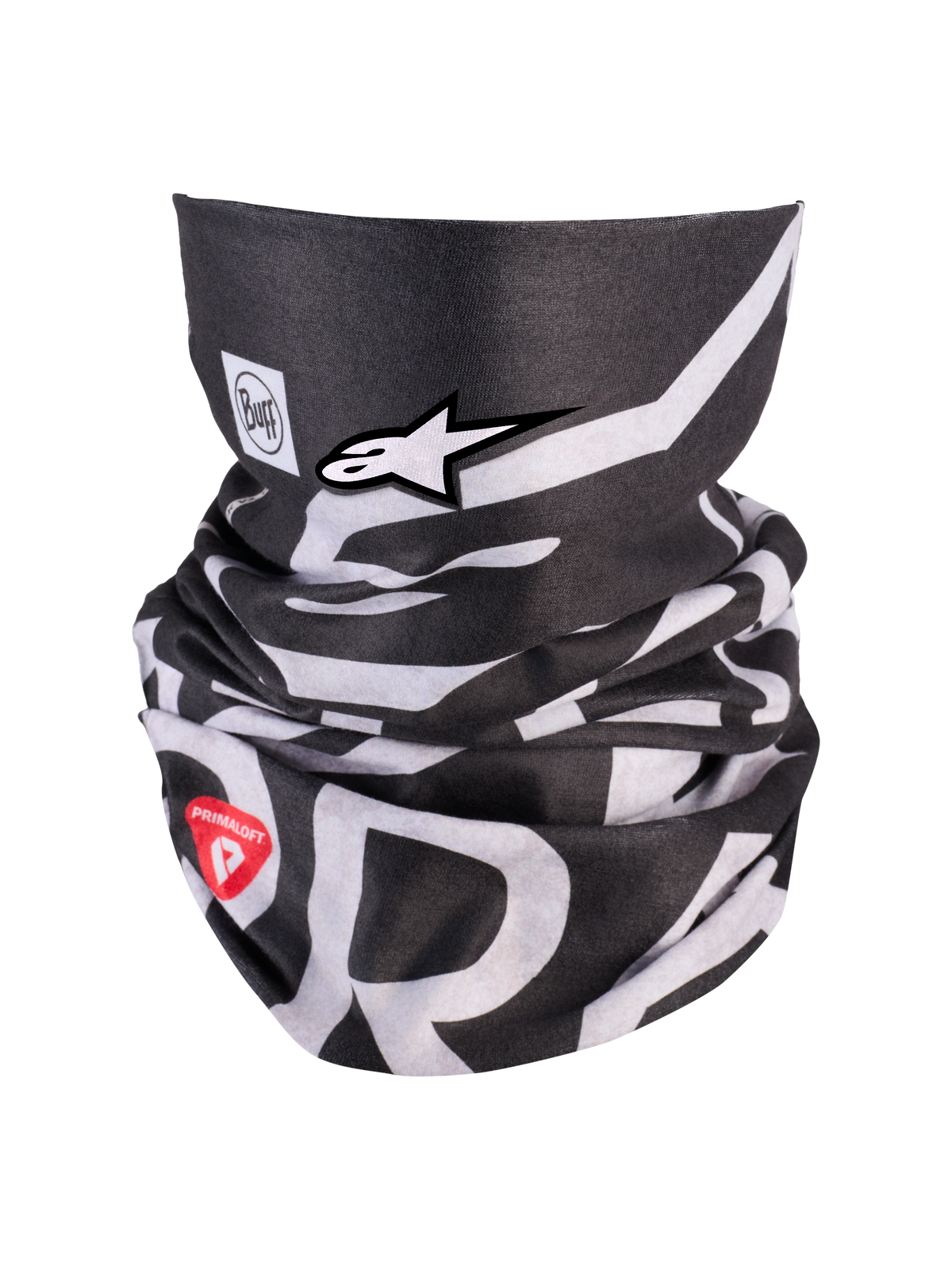 Alpinestars Buff All Terra Primaloft Neck Tube, thermischer Motorrad-Halswärmer in Schwarz und Weiß mit rotem Primaloft-Branding und Alpinestars Logo