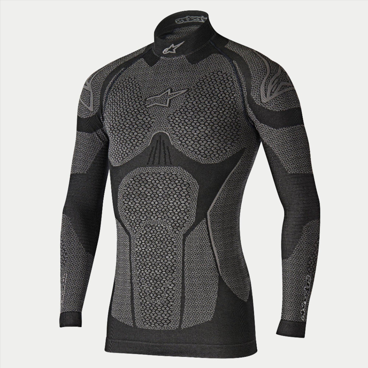 Alpinestars Ride Tech Top Langarm Winter, Motorrad-Funktionsunterwäsche, Schwarz und Grau, technisches Langarmoberteil mit wabenförmig strukturierten Einsätzen mit dualer Dichte, Kompressionspassform, Stehkragen mit weißem Alpinestars-Logo, Performance-Thermo-Unterwäsche für kaltes Wetter