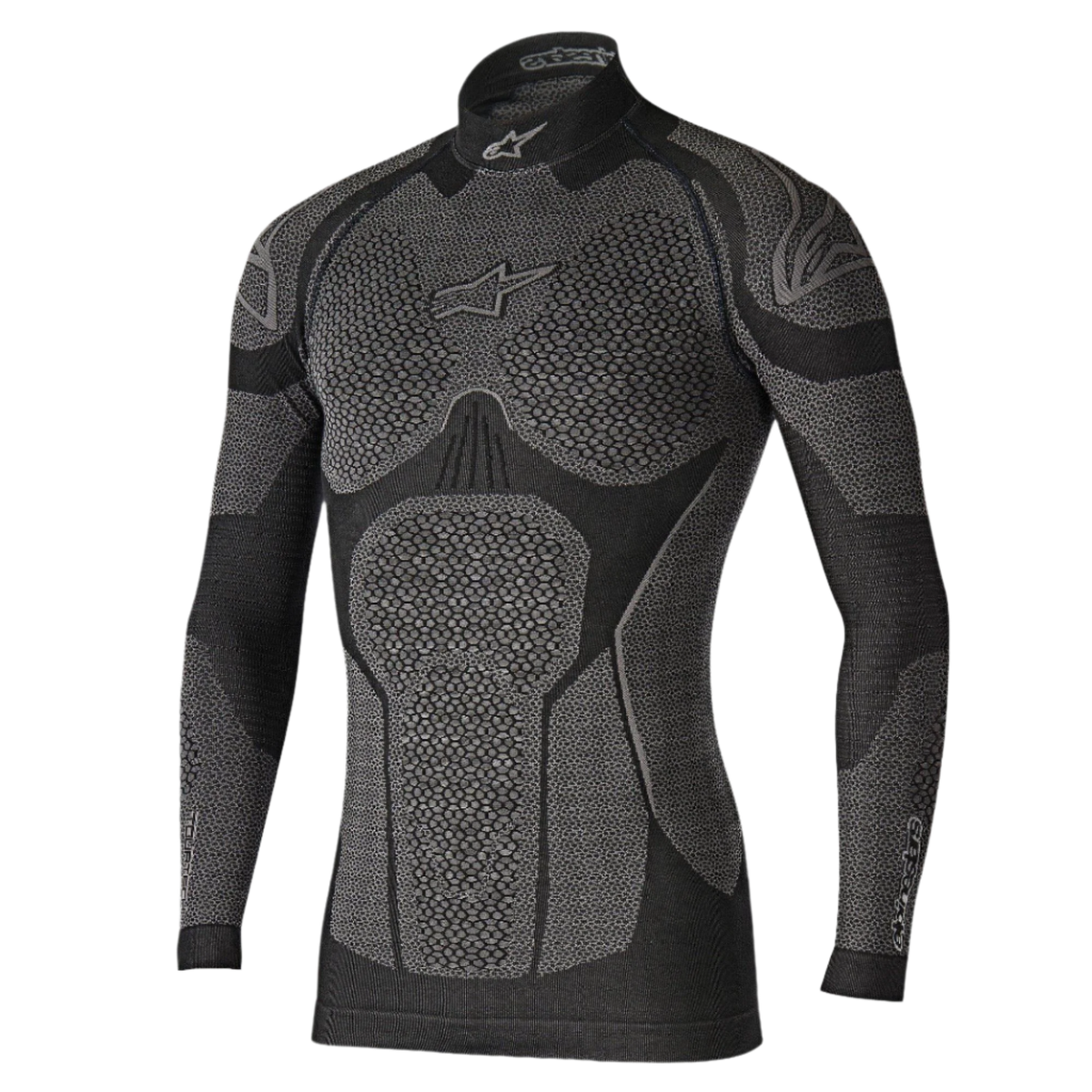 Alpinestars Ride Tech Top Langarm Winter, technisches Funktionsunterhemd, Schwarz und Grau, mit wabentexturierten Einsätzen, Stehkragen-Design und Kompressionspassform für das Motorradfahren bei kaltem Wetter