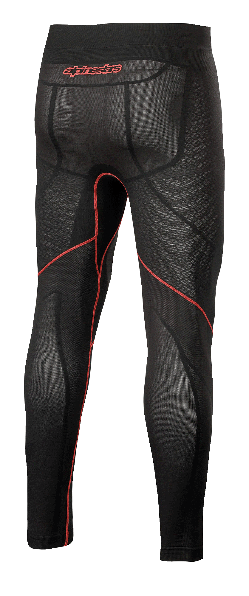 Alpinestars Ride Tech V2 Bottom Summer, Motorrad-Base-Layer-Hose, Schwarz und Rot, Rückansicht mit roten Kontrastnähten, rotem Alpinestars-Logo am Bund und atmungsaktiven Mesh-Einsätzen für Fahrten bei warmem Wetter.