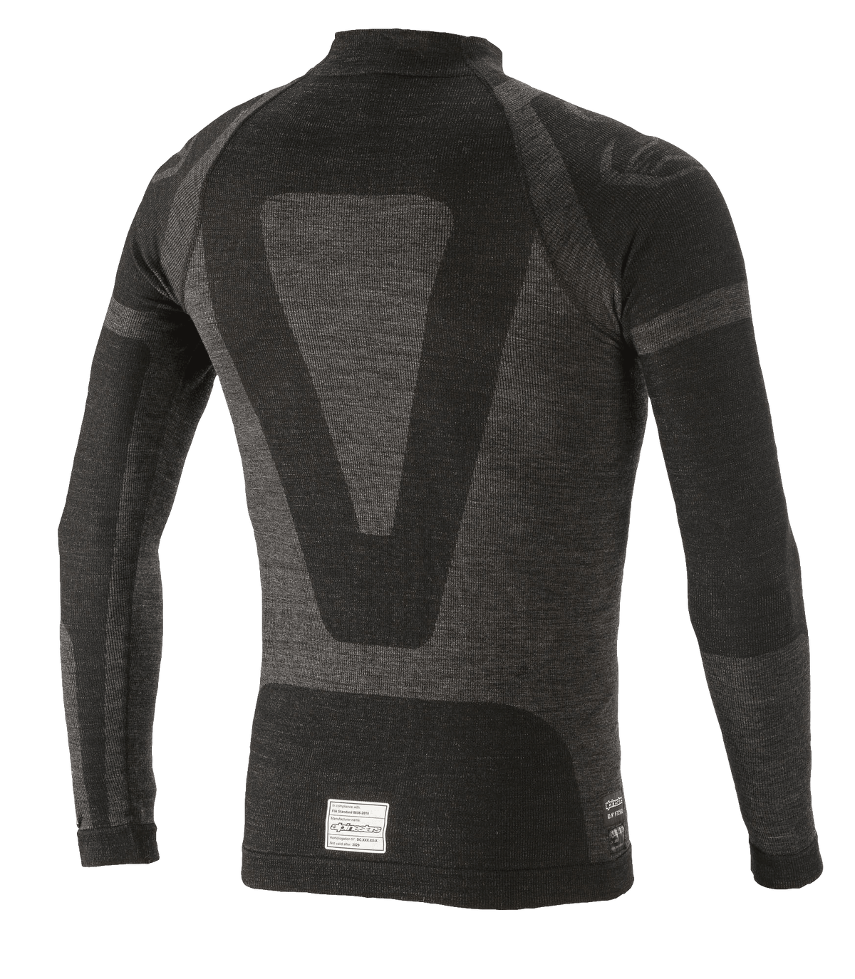 Alpinestars ZX Evo V2 Langarm-Oberteil, Auto-Rennsport-Base-Layer, Schwarz und Grau, Rückansicht mit technischem Jacquard-Design, nahtloser röhrenförmiger Konstruktion und FIA/SFI-Zertifizierungsetikett am Saum
