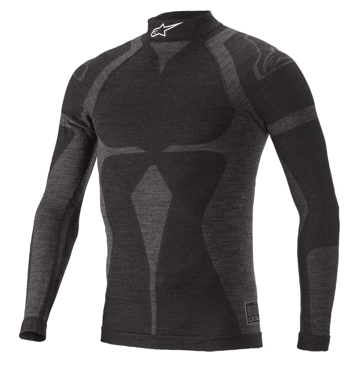 Alpinestars ZX Evo V2 Langarm-Oberteil, Auto-Rennsport-Base-Layer, Schwarz und Grau, hoher Kragen mit weißem Logo, Jacquard-Motivmuster, eng anliegende technische Bekleidung mit leichter Strickstruktur
