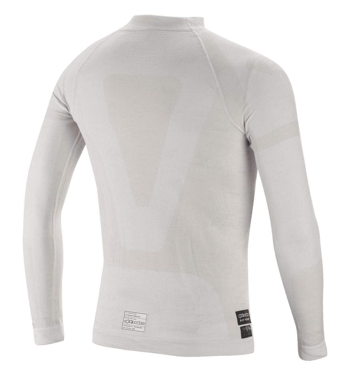 Alpinestars ZX Evo V2 Langarm-Oberteil, Auto-Rennsport-Unterwäsche, Weiß-Grau, Rückansicht mit leichter nahtloser röhrenförmiger Konstruktion und FIA-Zertifizierungsetiketten am unteren Saum