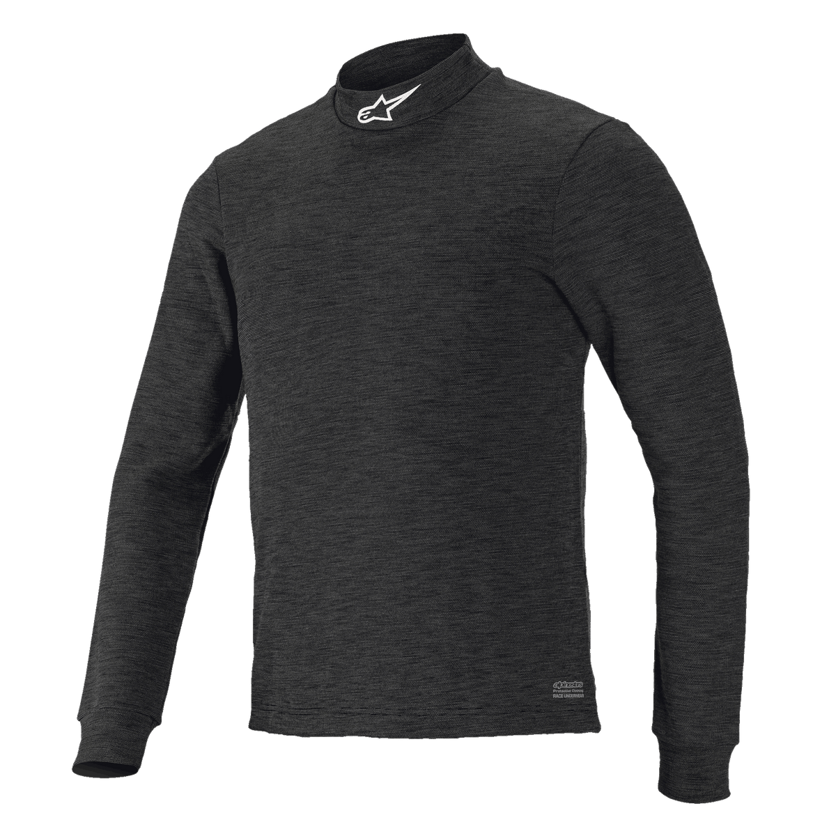 Alpinestars Race V3 Langarm-Oberteil, schwarze strukturierte Funktionsunterwäsche, hoher Stehkragen mit weißem Logo, körpernahe Passform, flammhemmende Motorsport-Funktionsbekleidung