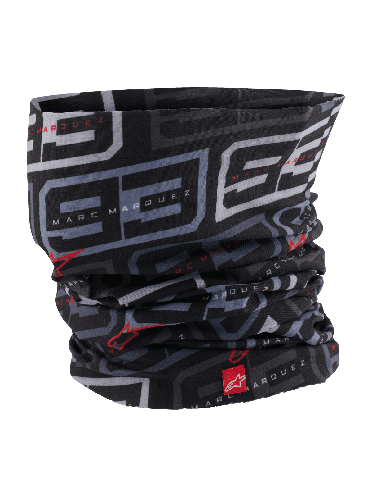 Alpinestars MM93 Neck Tube, Motorrad-Halswärmer, Schwarz, Anthrazit und leuchtendes Rot, mit wiederkehrendem grauen „93“-Muster und Marc Marquez Branding, roten Alpinestars-Logos, leichtes seidiges Material für Straßenfahrten im Frühjahr und Sommer