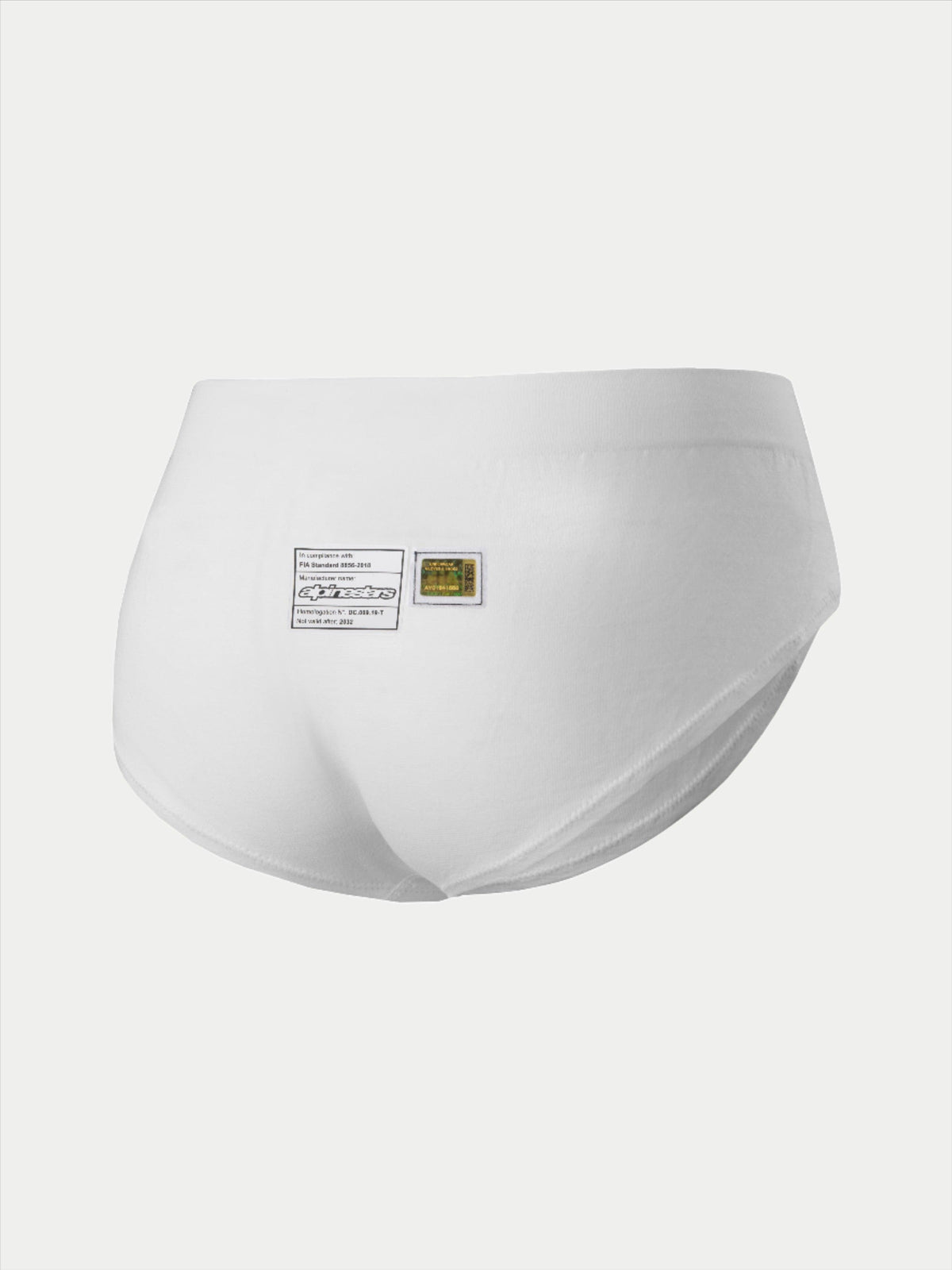 Alpinestars Stella TECH ZX Briefs, Women's Racing Underwear, White, Rear view featuring FIA 8856-2018 certification labels and Alpinestars branding, lightweight and flame-resistant base layer for motorsport