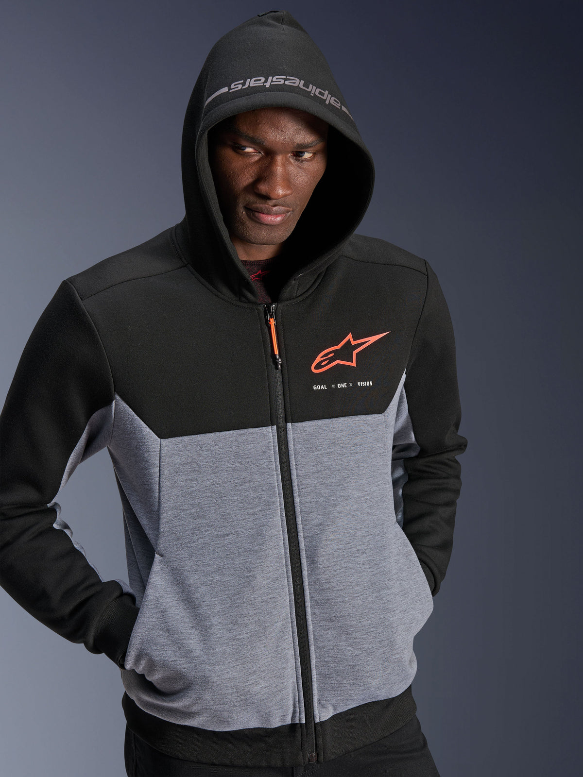 Alpinestars Chrome V2 Sport Hoodie, urban motorcycle jacket for men, black and gray heather with red fluo logo details.