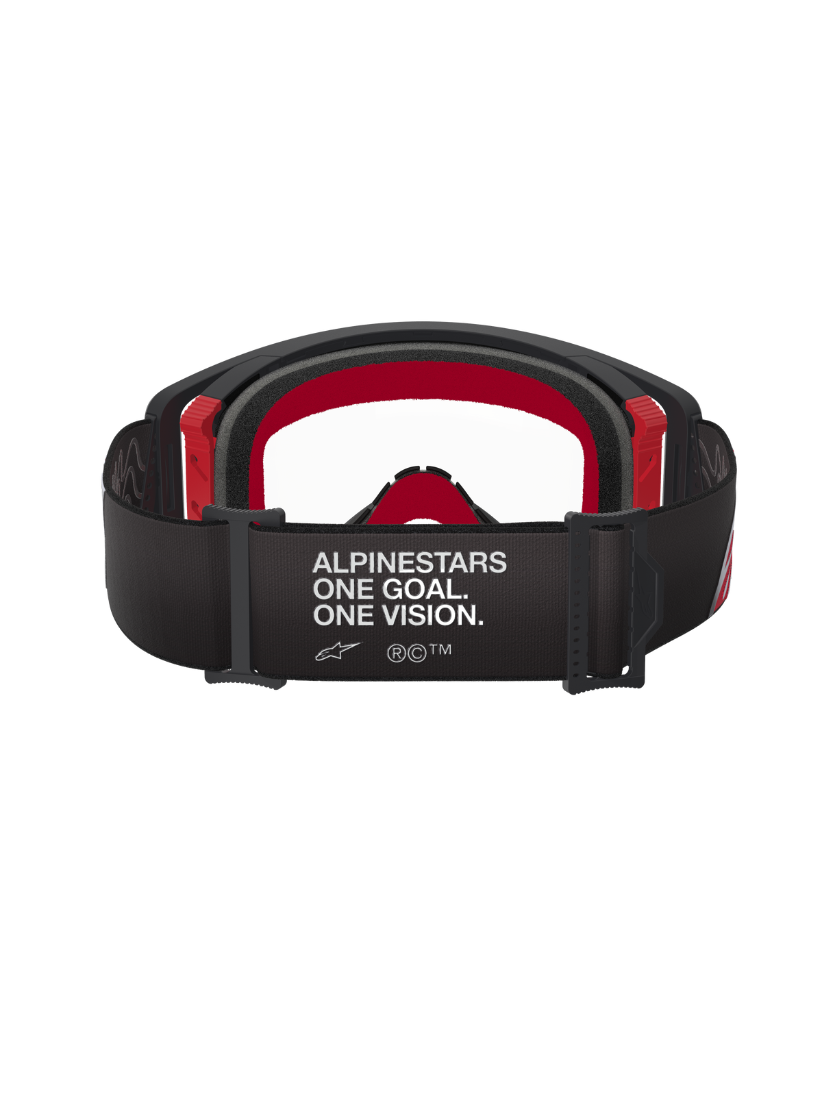 Alpinestars Supertech Corp Goggles, Motocross-Brille, Schwarz und Rot mit klarem Glas, Rückansicht mit breitem schwarzem Band und weißem „ALPINESTARS ONE GOAL. ONE VISION.“-Branding, mehrlagiger Gesichtsschaum und rote Rahmenakzente.