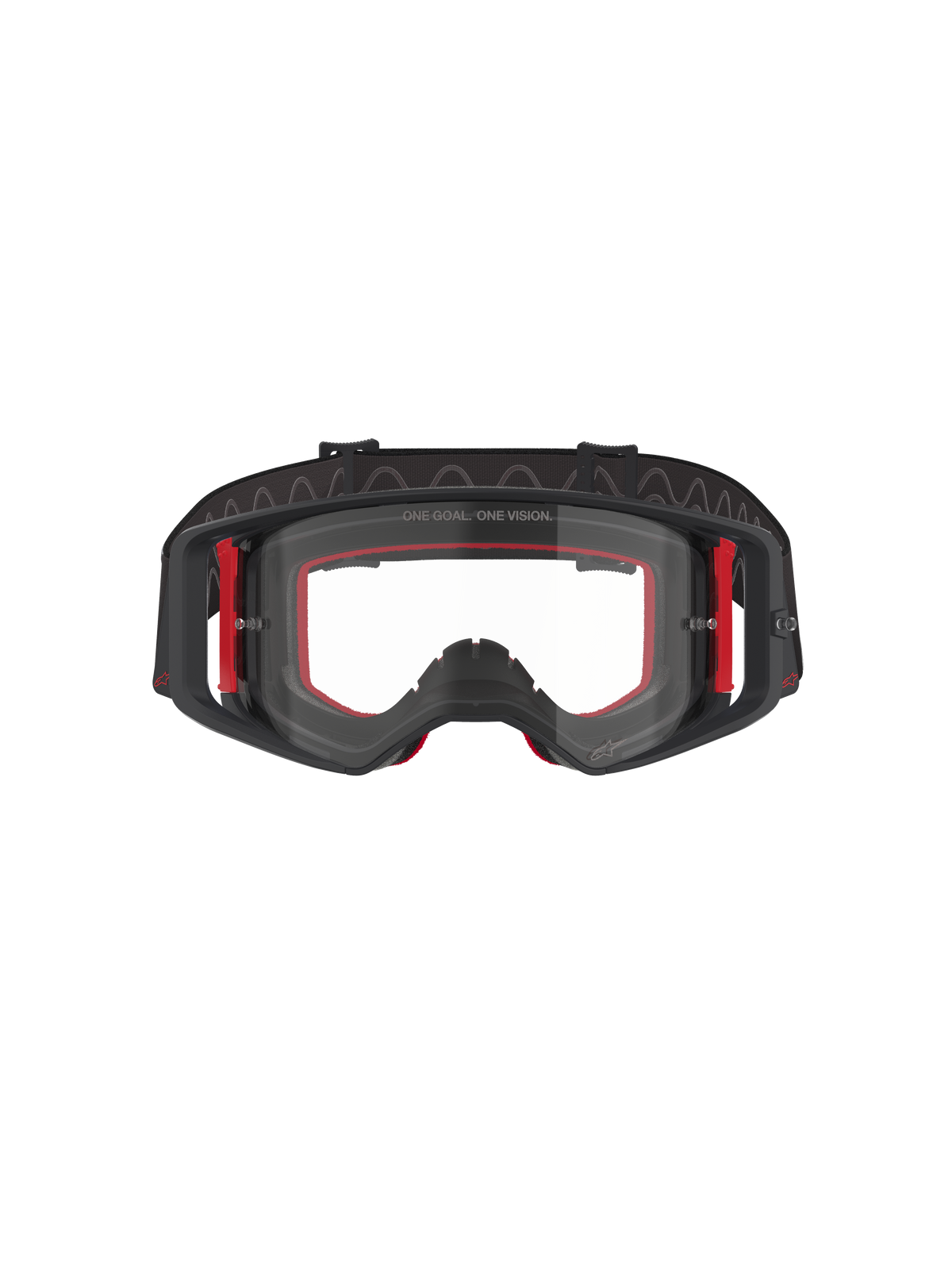 Alpinestars Supertech Corp Goggles, Motocross-Brille, Schwarz, Rot und Klar, Vorderansicht, klares Glas mit „ONE GOAL. ONE VISION.“ Text, schwarzer Rahmen mit roten Akzenten, weites Sichtfeld, strapazierfähiges Band mit wellenförmigem Silikon-Grip
