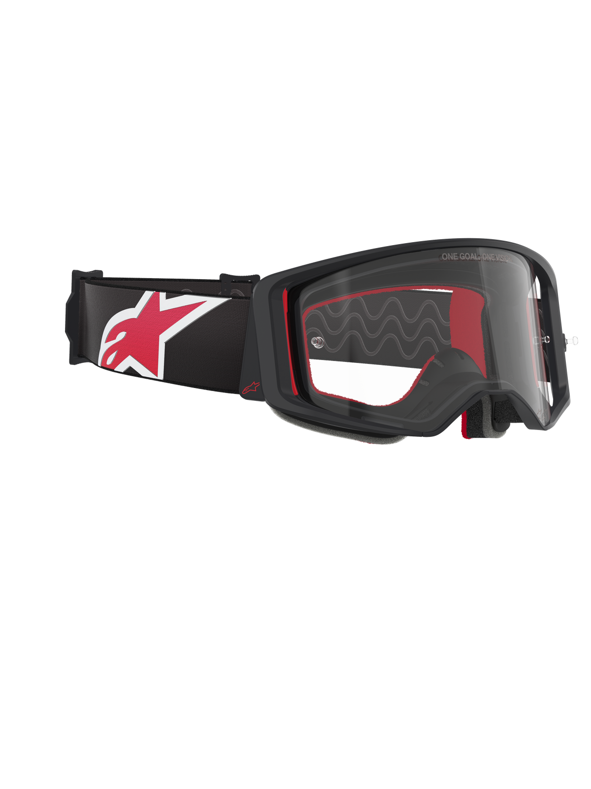Alpinestars Supertech Corp Goggles, Motocross-Brille, Schwarz, Rot und Klar, schräge Seitenansicht mit klarem Glas und schwarzem Rahmen, rote Innenpolsterung, schwarzes Brillenband mit großem rot-weißem Alpinestars-Logo, professioneller Offroad-Augenschutz
