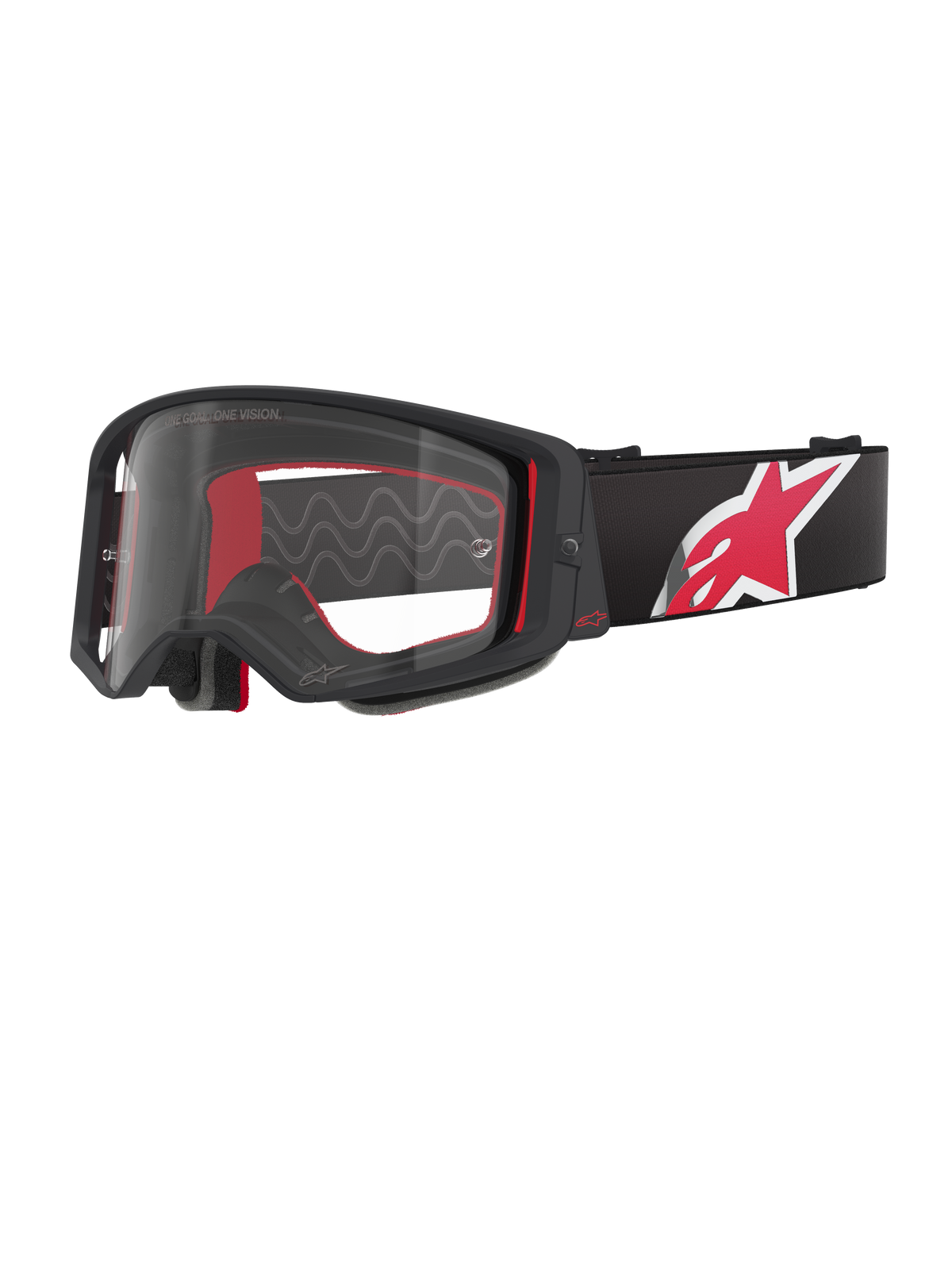 Alpinestars Supertech Corp Goggles, Motocross-Brille, schwarzer und roter Rahmen mit klarem Glas, schwarzes verstellbares Band mit großem rot-weißem Stern-Logo, professionelle Motocross-Ausrüstung für den Offroad-Rennsport