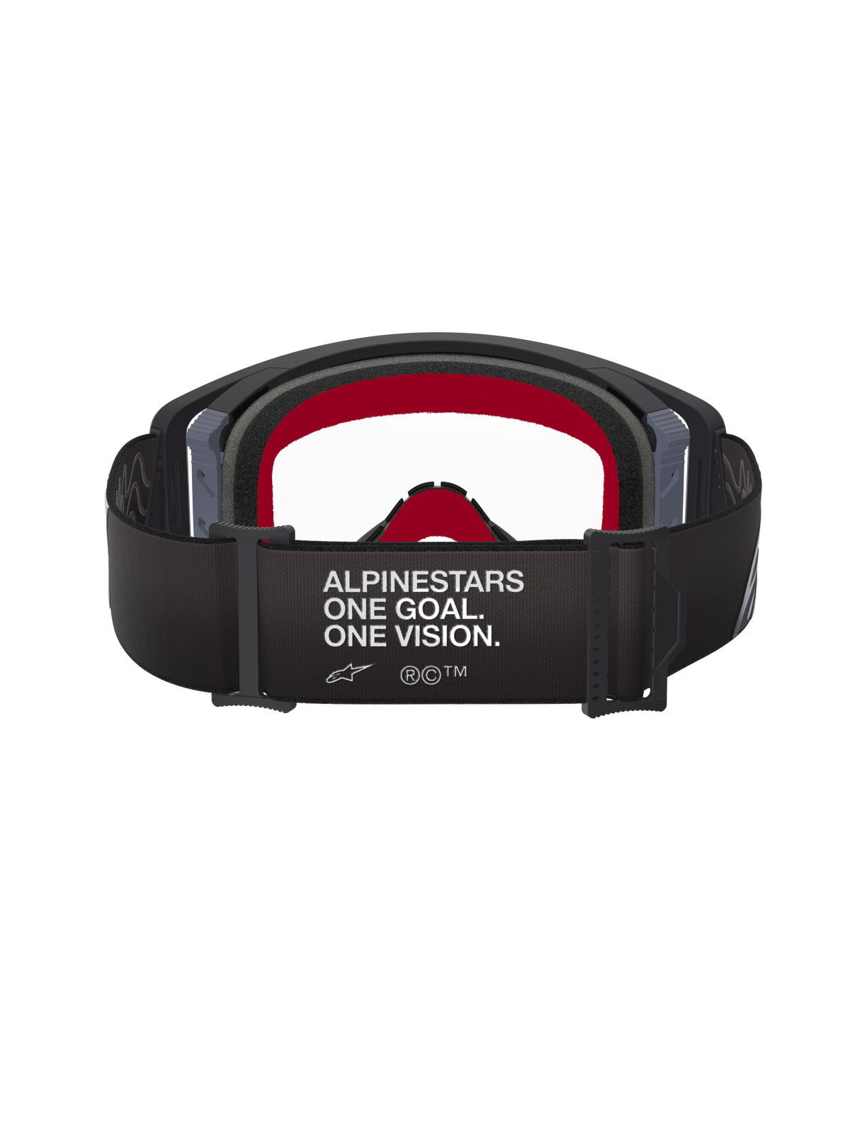 Alpinestars Supertech Corp Brille, Schwarz und Grau, Rückansicht mit breitem schwarzem Band mit weißem „ALPINESTARS ONE GOAL. ONE VISION.“ Schriftzug, rotem Innenschaum und klarem Glas, Hochleistungs-Motocross-Brille